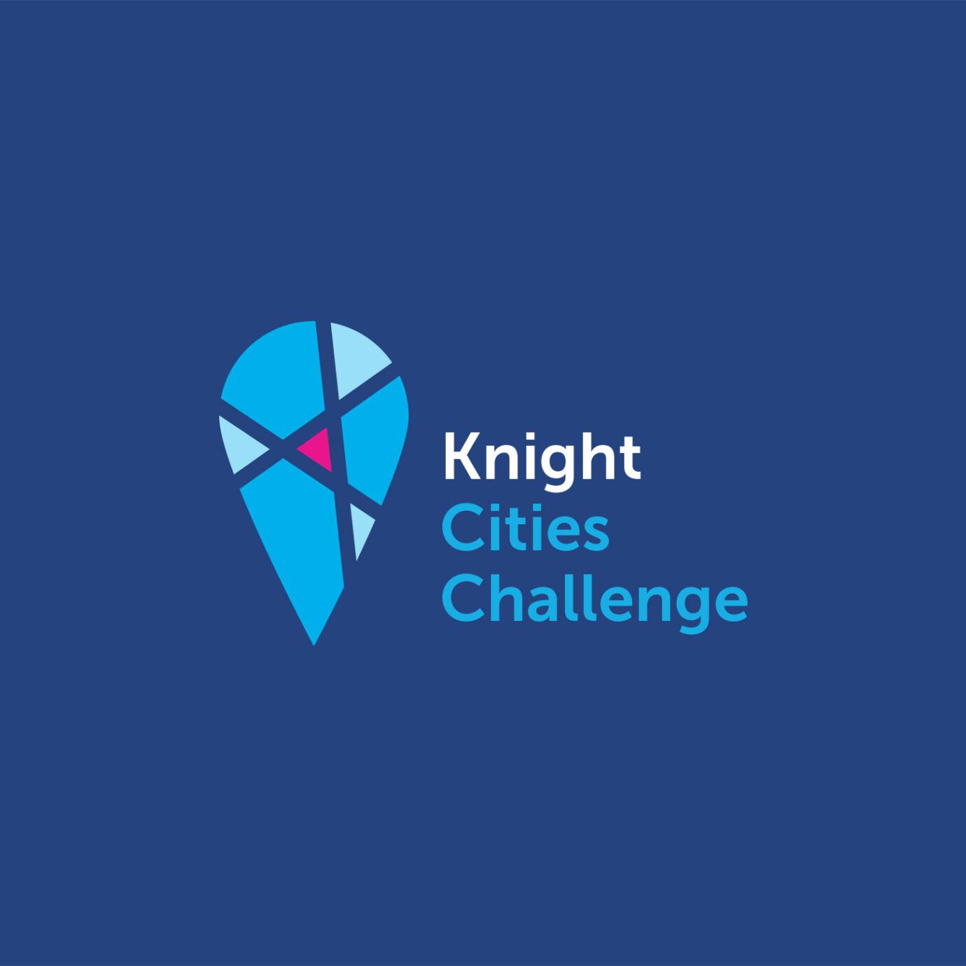 digital design of knight cities challenge logo using a geolocation pin symbol and city street lines next to the stacked name