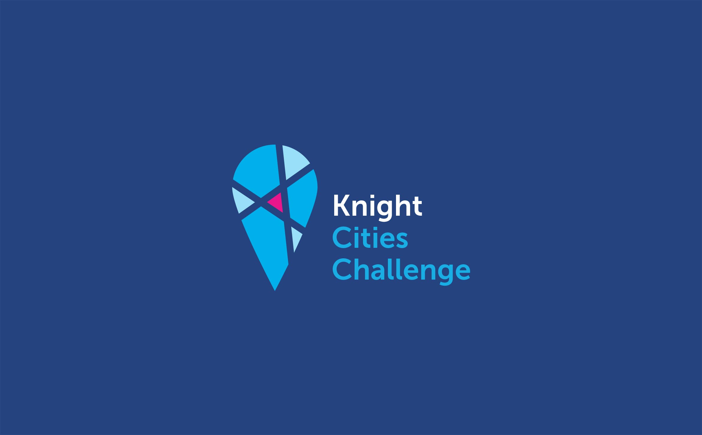 digital design of knight cities challenge logo using a geolocation pin symbol and city street lines next to the stacked name