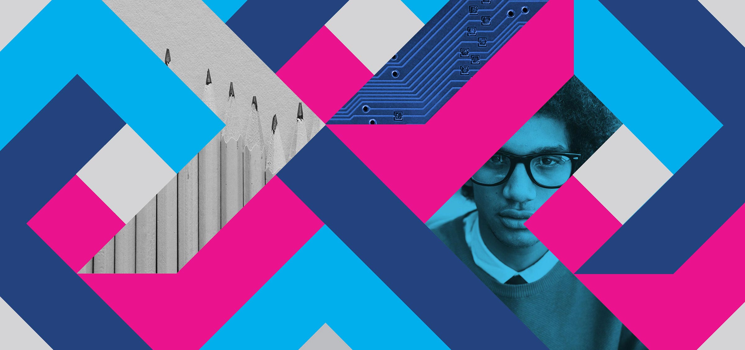 abstract digital design using angles and triangles in cyan, magenta, blue and gray with a photo of a black student inside the shapes