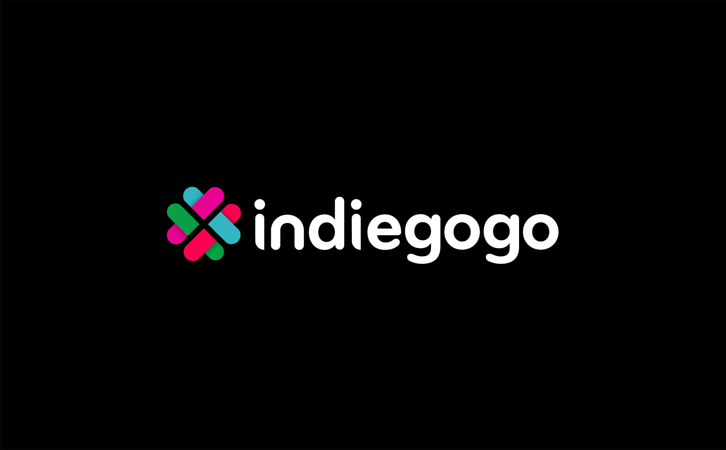 digital design logo for indiegogo with rounded typeface and overlapping lozenge shapes in 4 colors green, cyan, magenta and violet