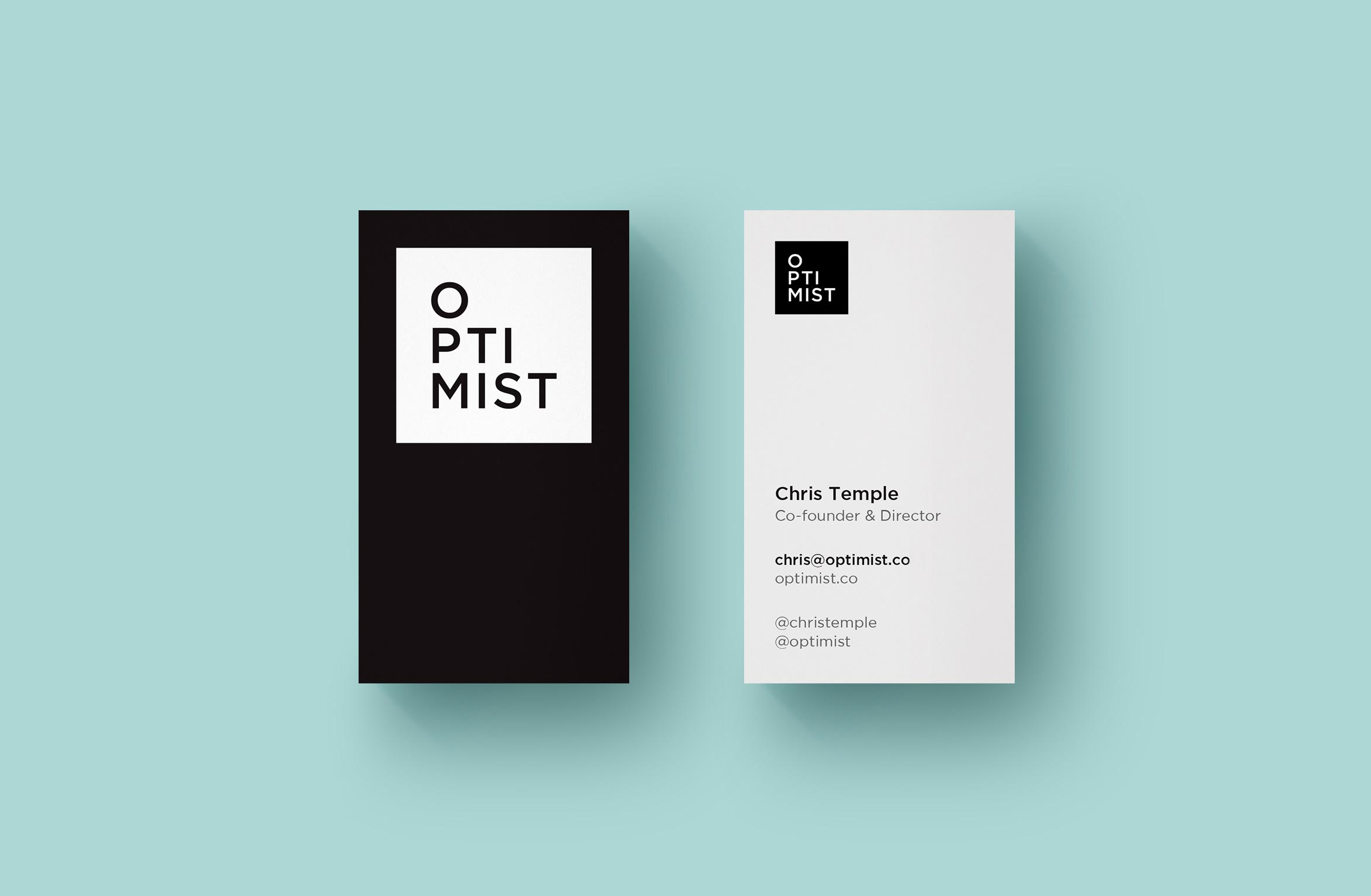 optimist business card front and back on blue