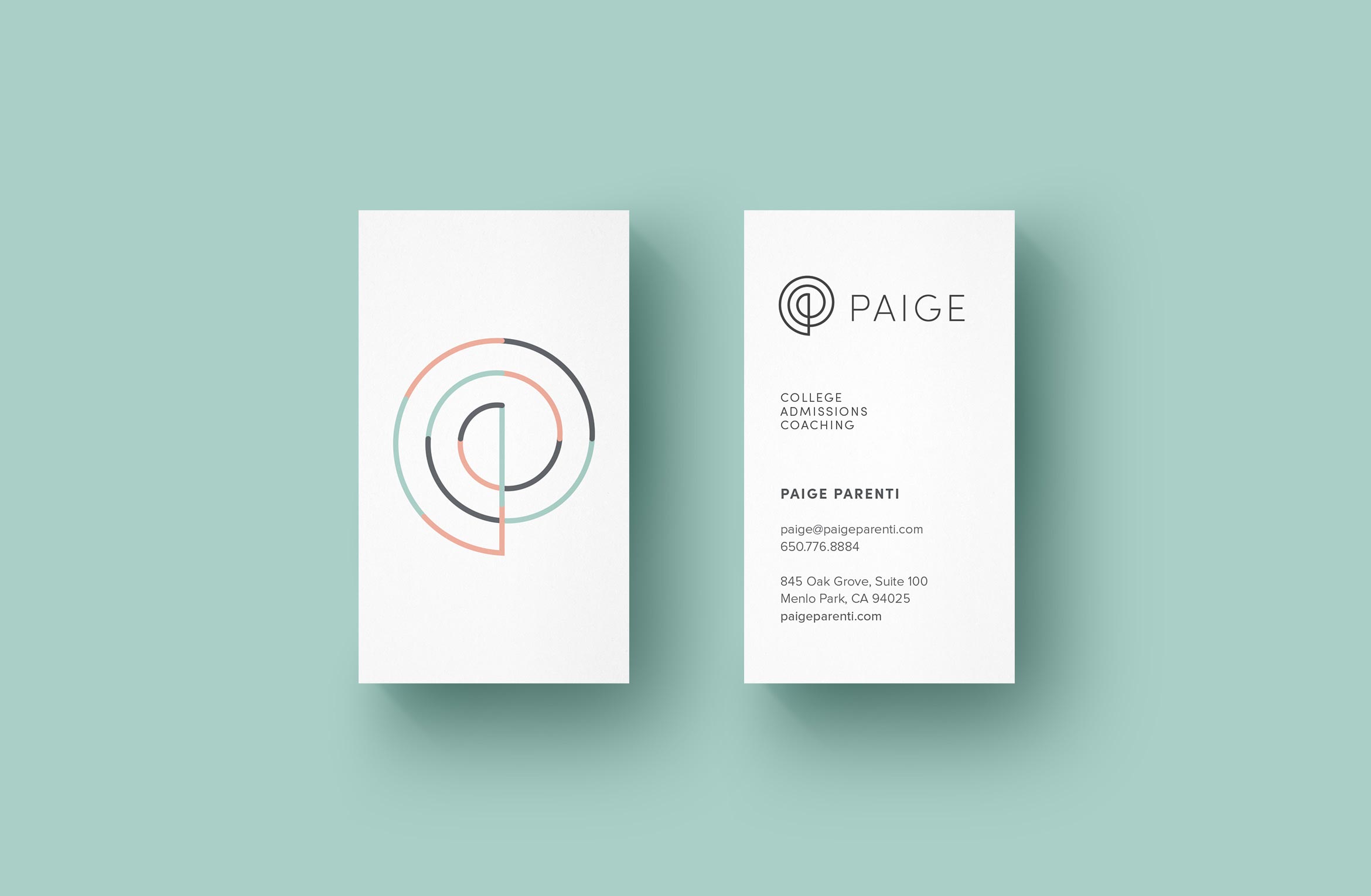paige business card design front and back, white on mint green backdrop