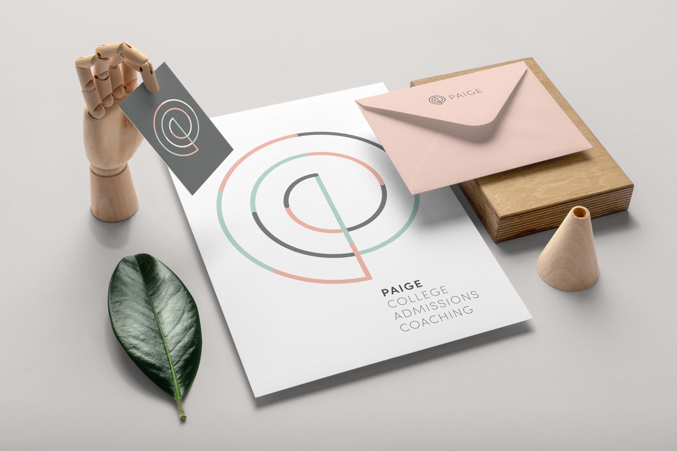 stationery mockup with business card, white folder and peach envelopes