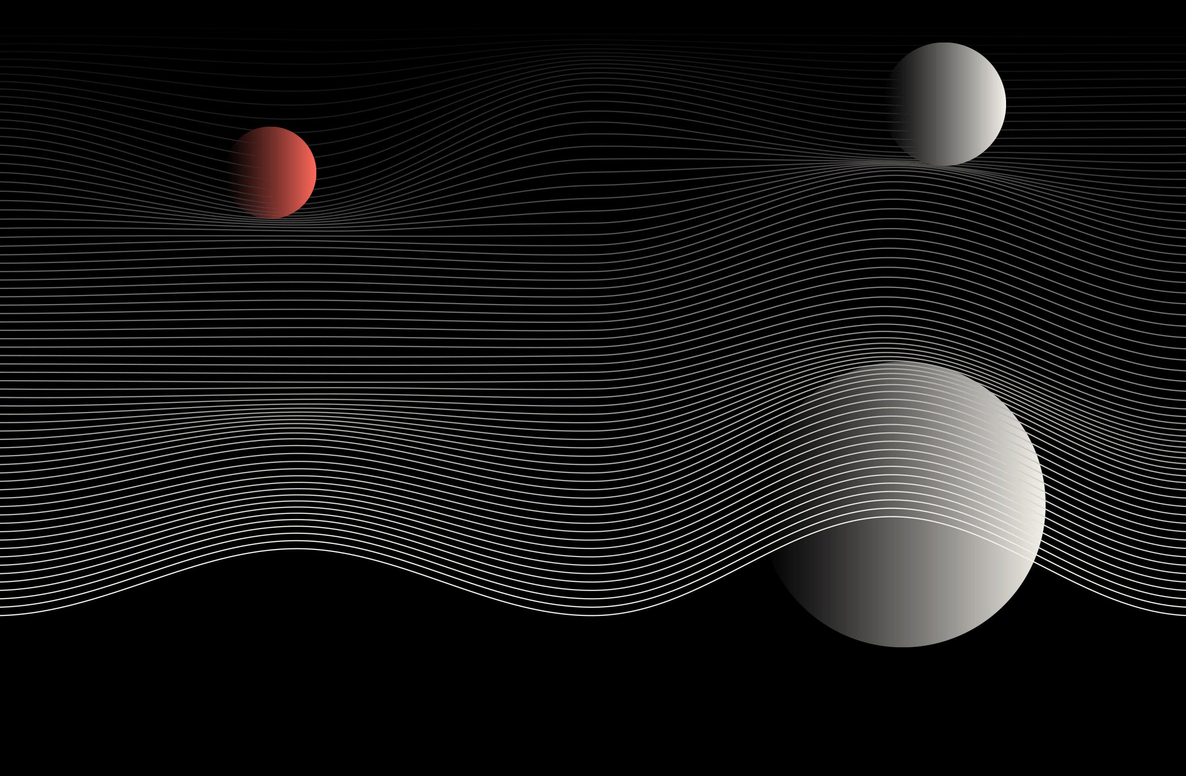 digital design of 3 gray and red spheres and wave pattern on black background