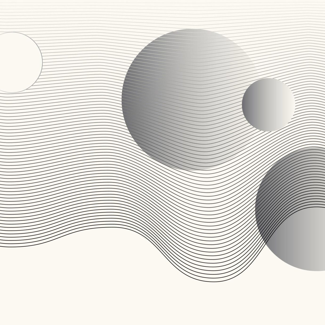 grayscale dimensional spheres floating amongst a thin line wave pattern on cream background