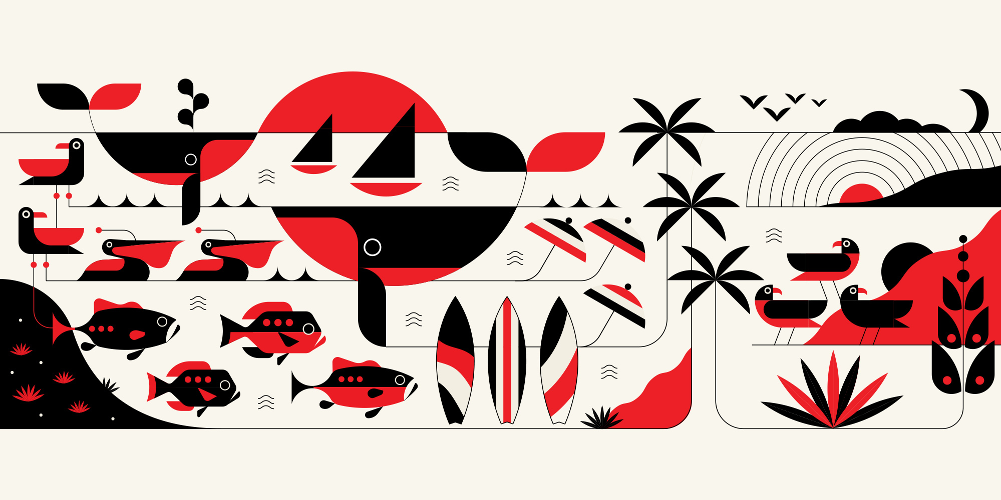 mural on white brick wall mock-up with whales, sailboats, fish, surfboards, beach umbrellas and palm trees in red and black