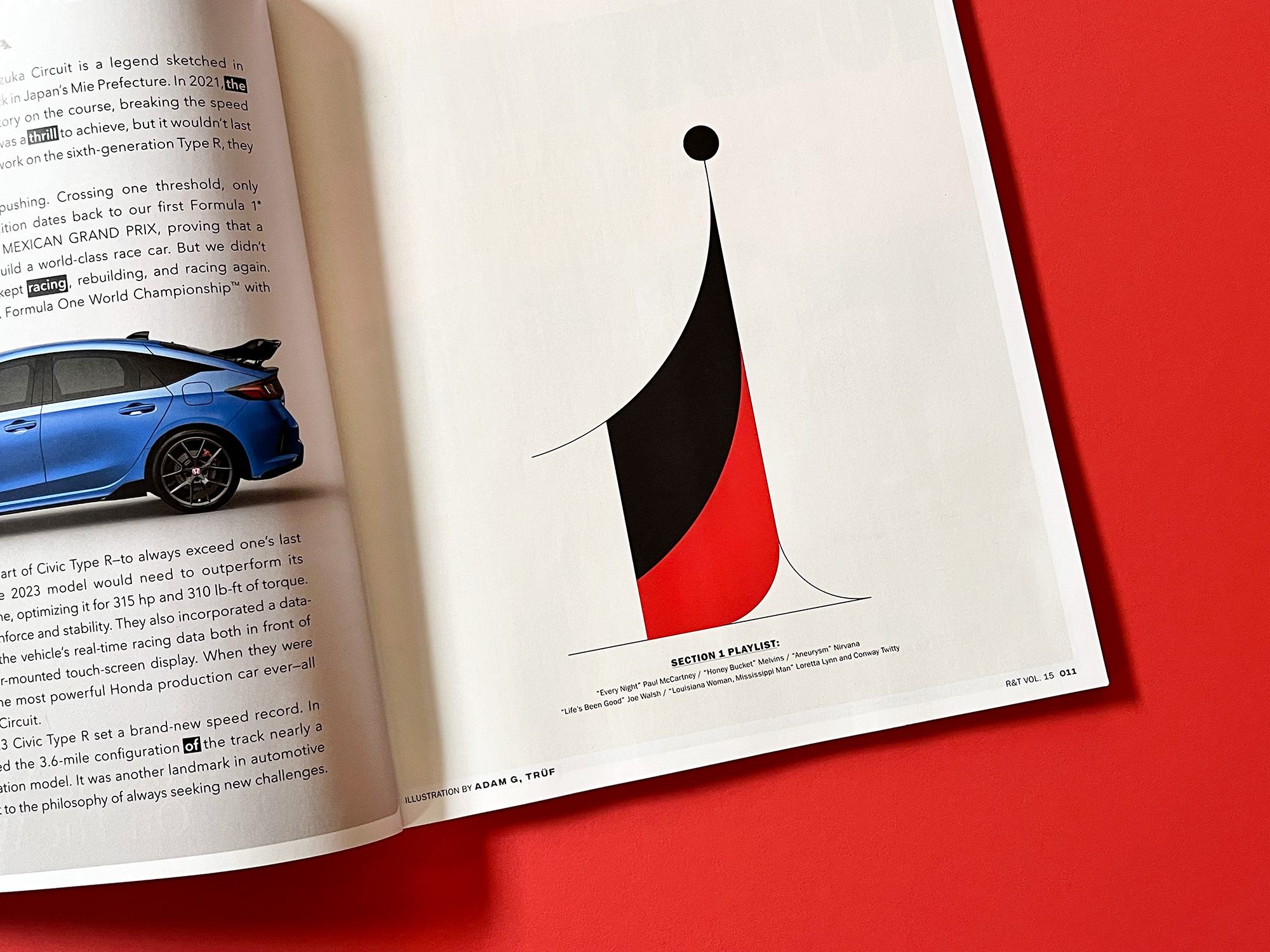 road & track music issue spread showing custom number 1 on red