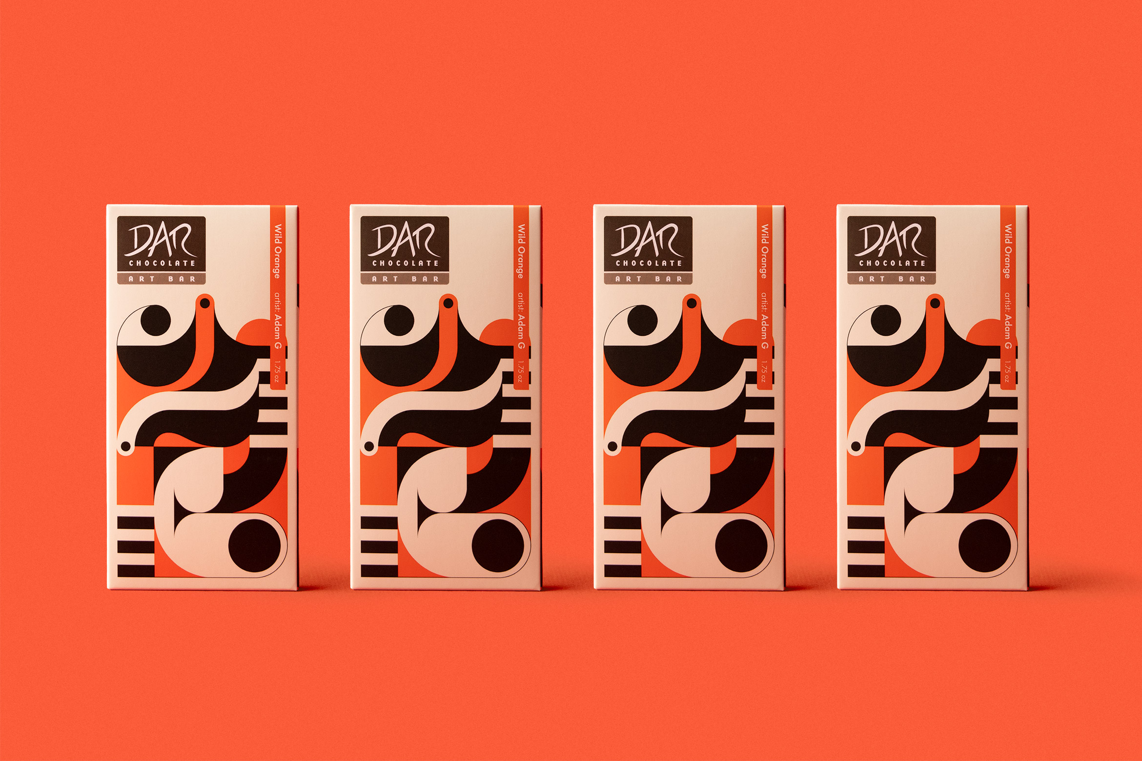4 bars of DAR chocolate with black and orange illustration on packaging on orange background