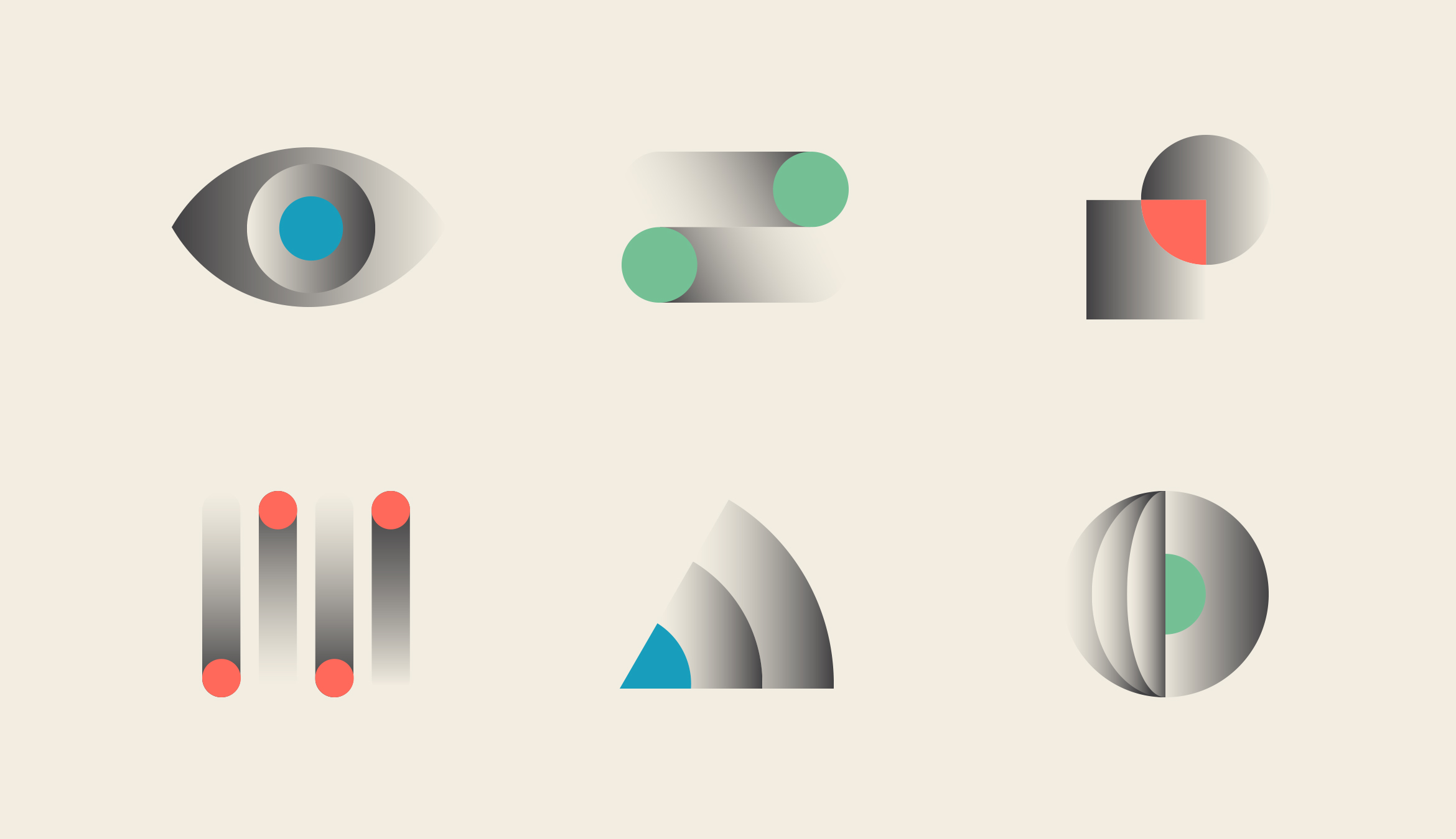 digital design of 6 custom abstract icons using green, aqua and coral circles on black and cream gradient geometric shapes