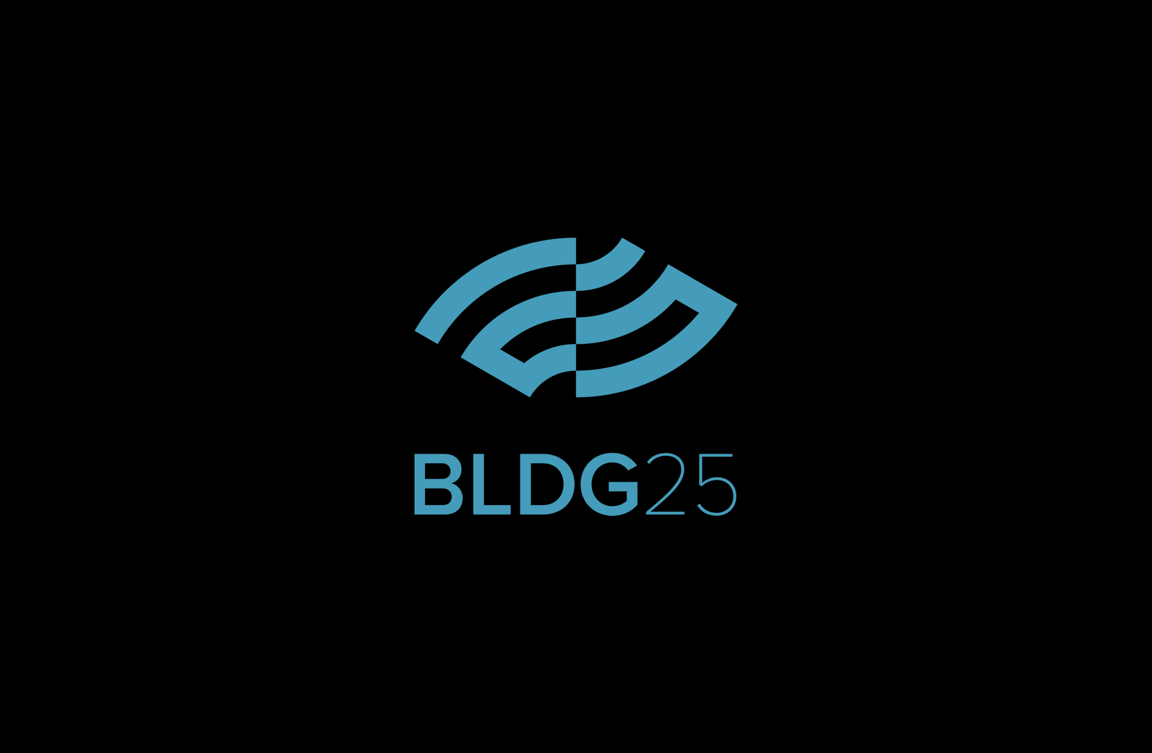 digital logo design with curved 2 and 5 over the words BLDG25. Aqua on black background