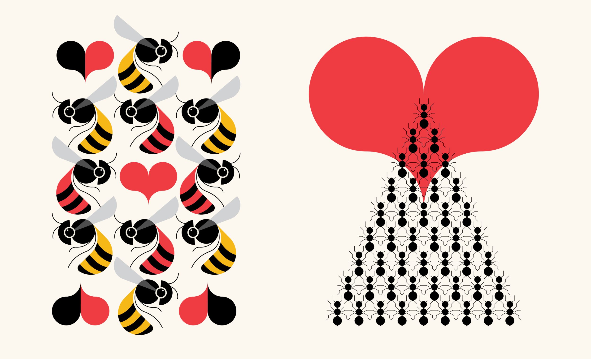 illustration of bees and hearts and ants in triangle formation with red heart