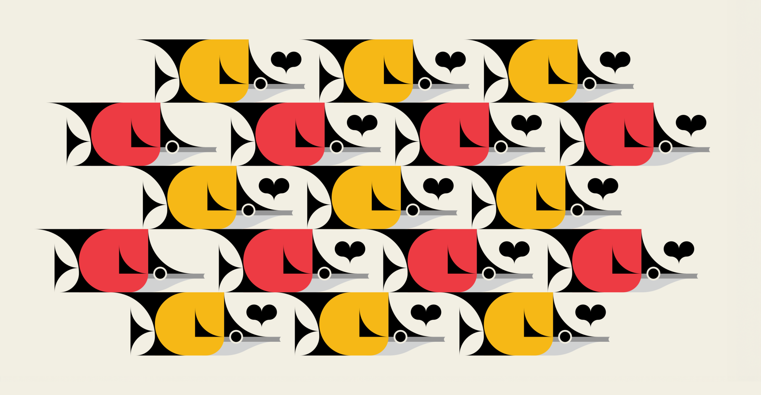 school of fish illustration, flat art, yellow and red and black with hearts
