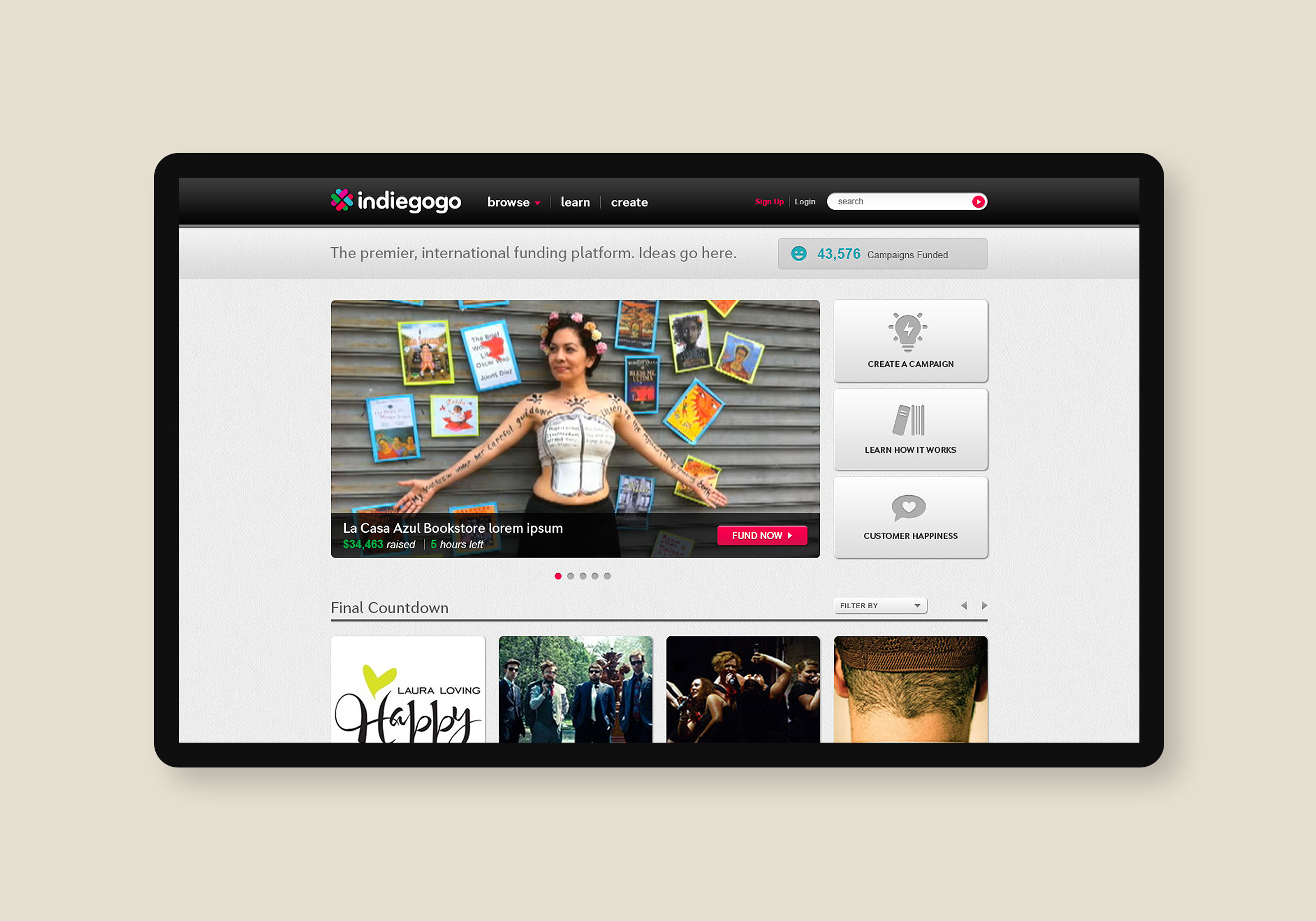 digital design of indiegogo home page inside monitor