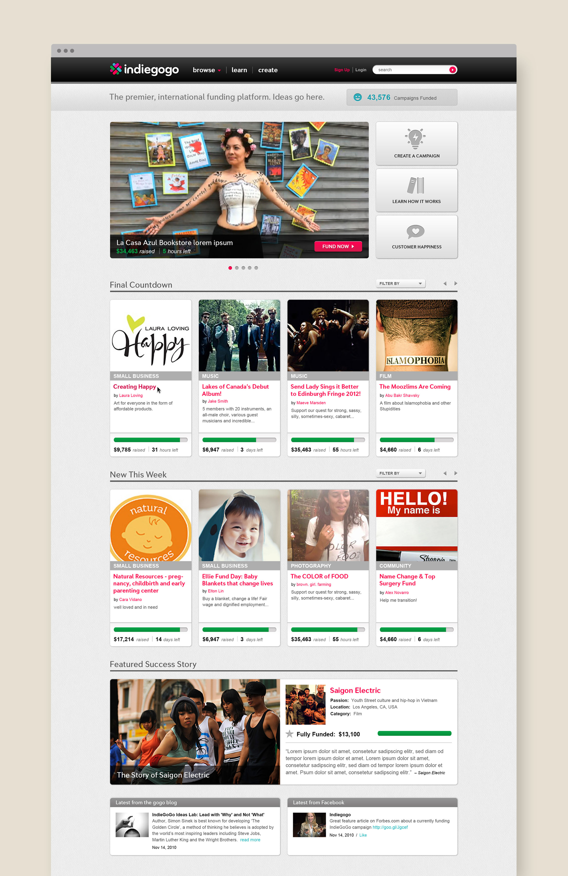 indiegogo home page design