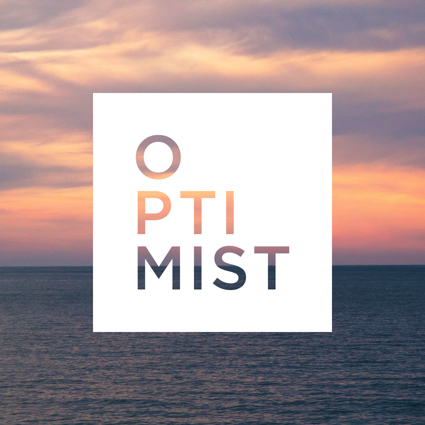 solid white optimist logo over ocean at sunset image