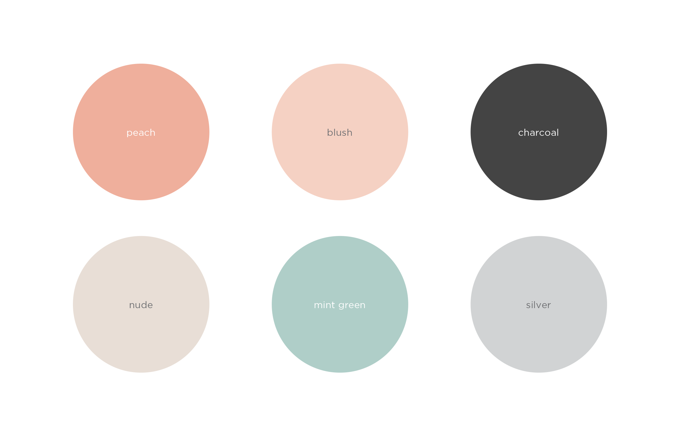 paige brand color palette: peach, blush, nude, mint green, charcoal and silver