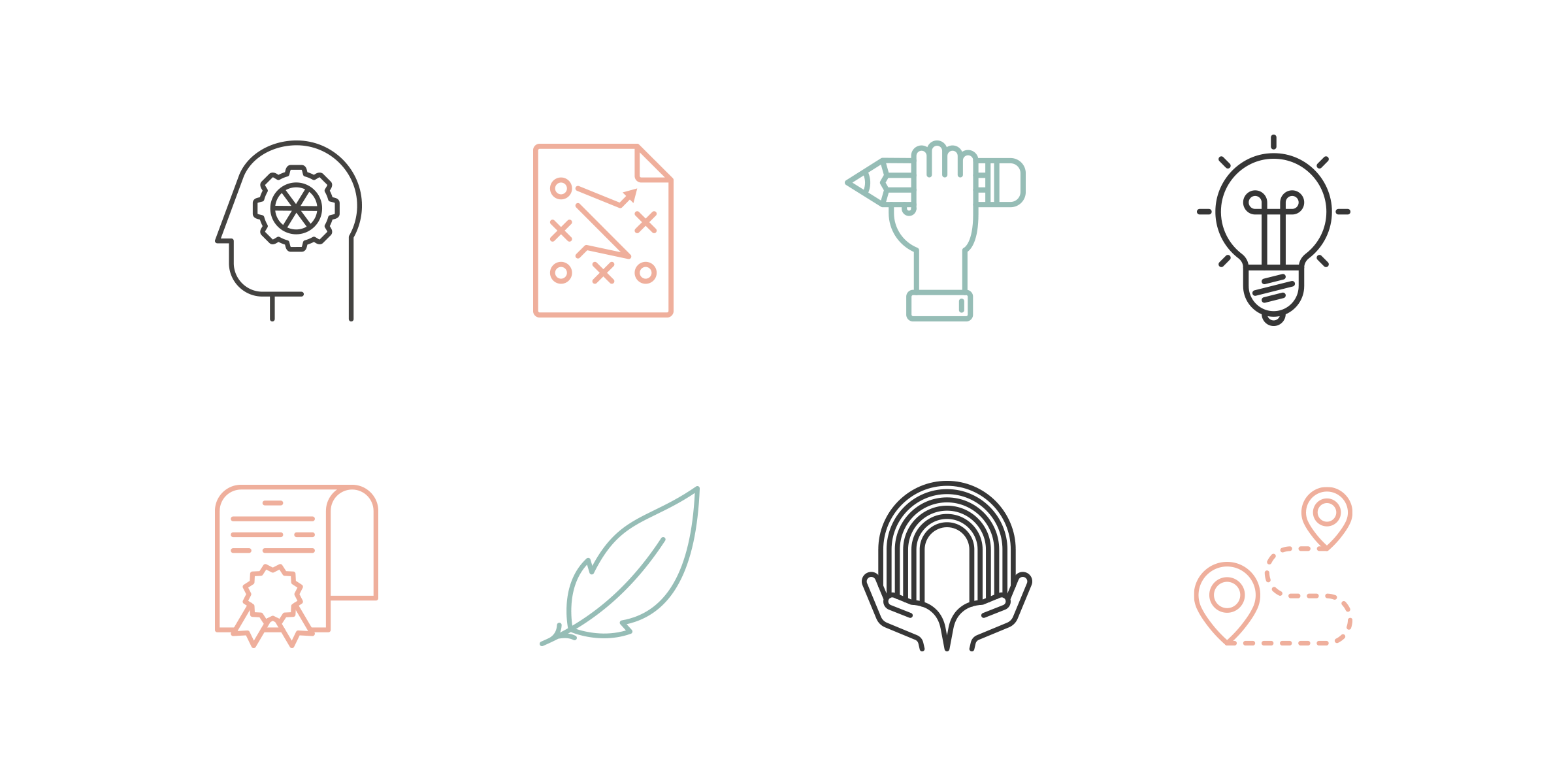 set of 8 thin line icons to represent ideas like priorities, managing, writing essays, and the various programs Paige offers