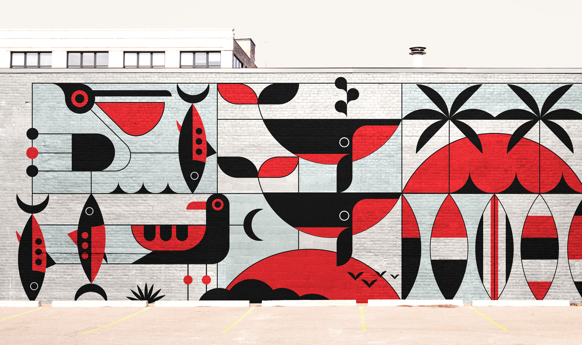 interlocking mosaic mural illustration with whales, sailboats, fish, surfboards, sun set, pelicans, birds and palm trees in red and black and pale blue on brick building