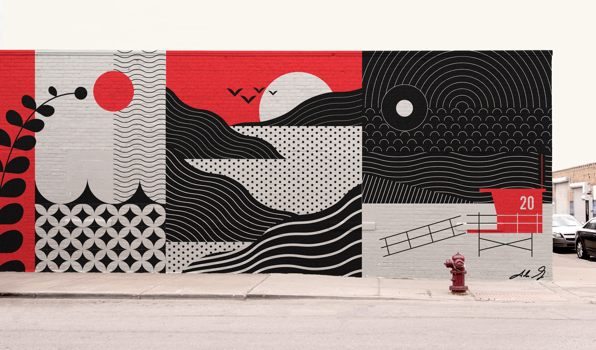 Triptych illustrations: left has flora curving over ocean and sun, center has mountains and ocean with sunset and birds, right is the beach with Tower 20 in Santa Monica with dark swirly sky on brick building
