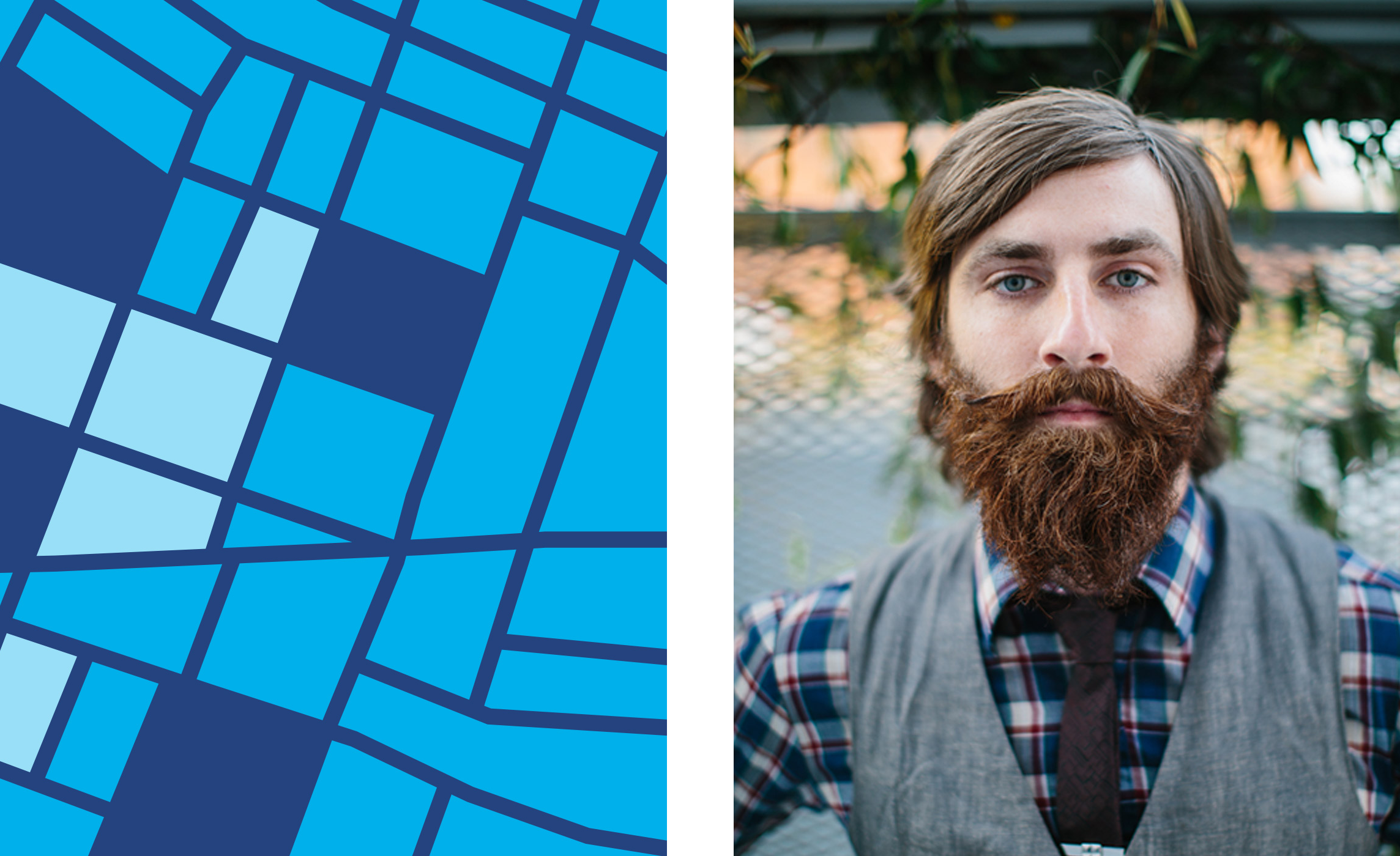 portrait of a white man 30s with heavy beard wearing a vest and plaid shirt next to blue city street graphic