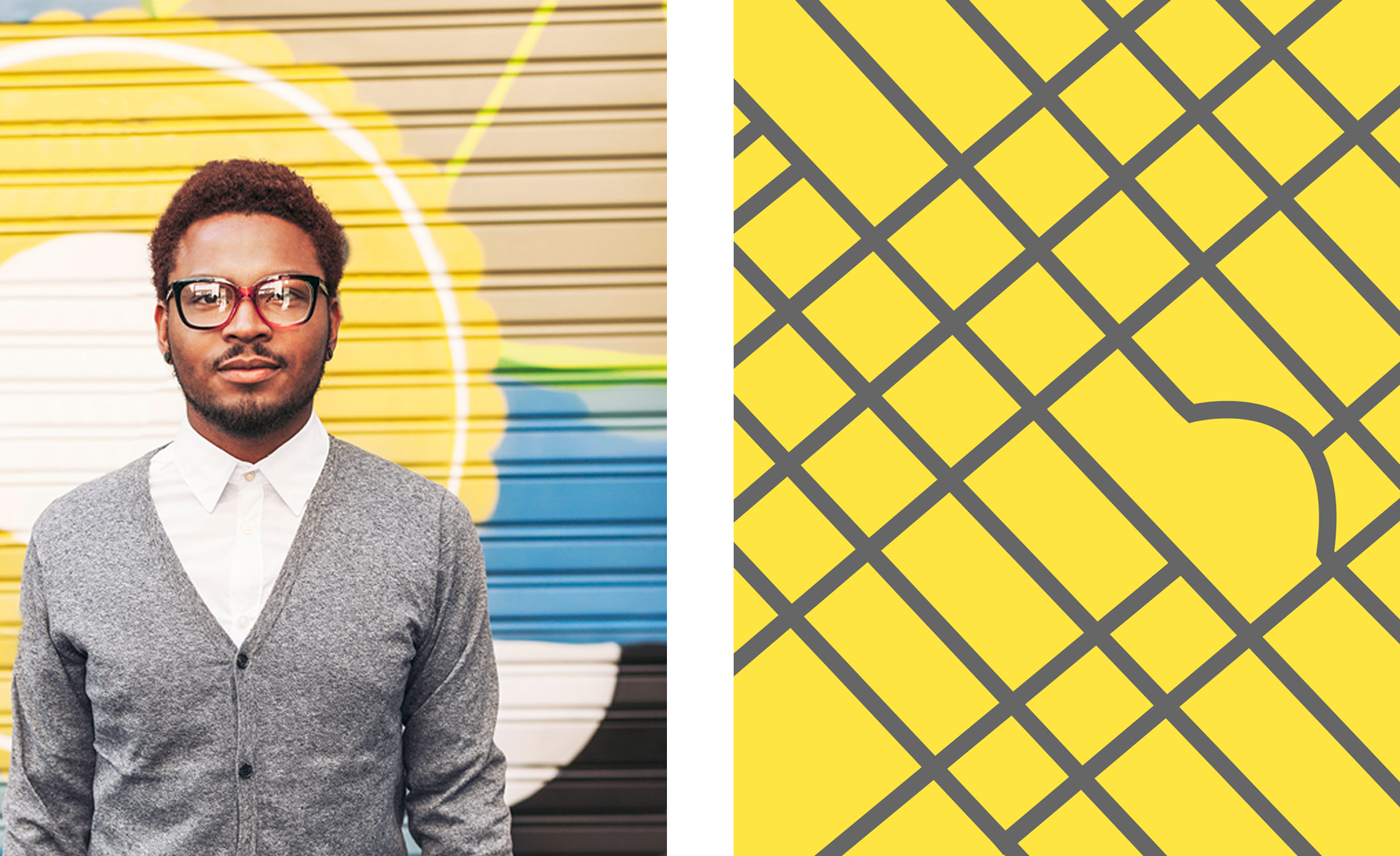 portrait of a black man 30s wearing glasses in a gray sweater next to yellow city street graphic