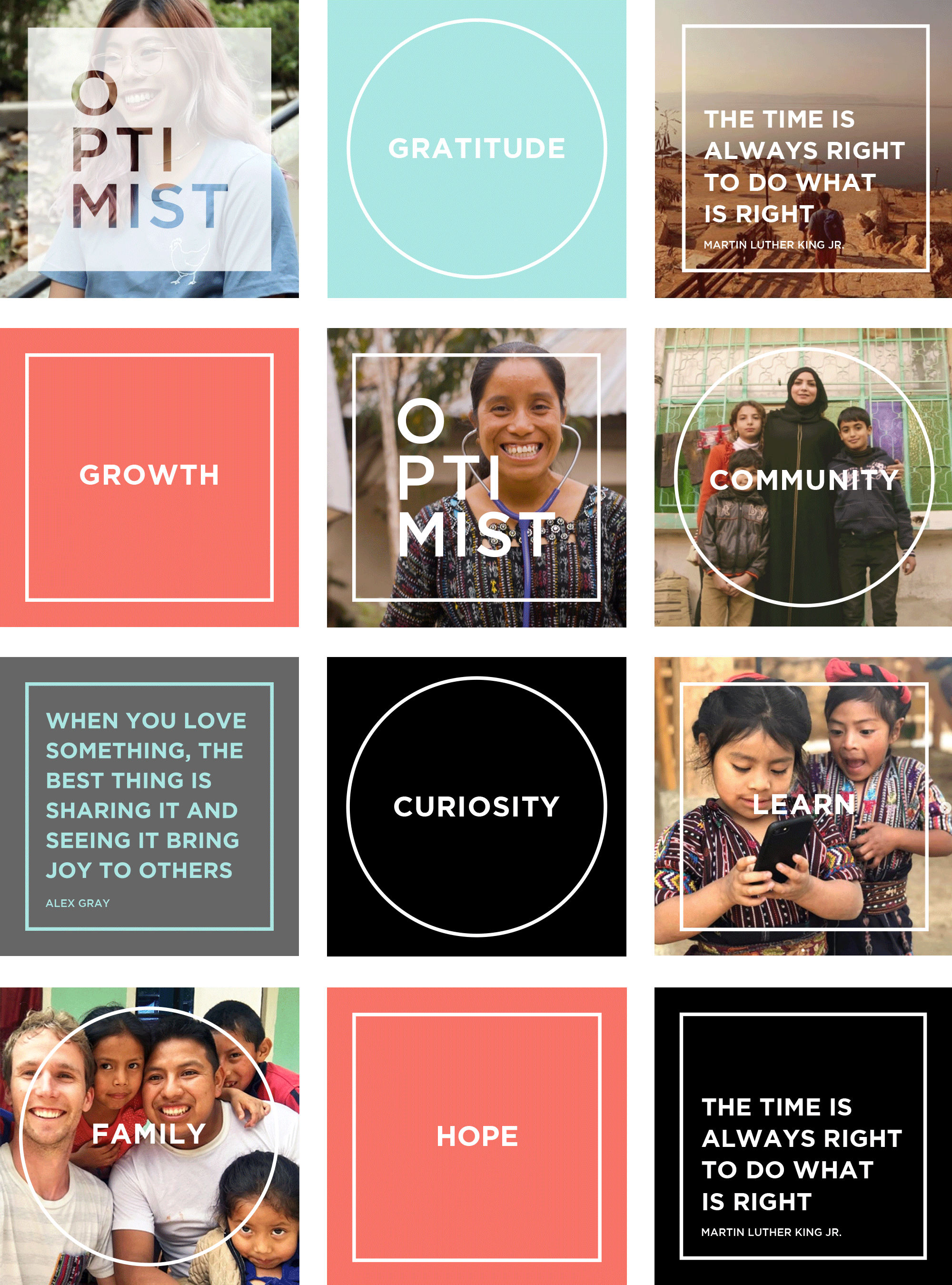 grid of 12 different square instagram post designs using brand colors black, light blue, orange and gray with inspirational quotes, the optimist logo and various imagery from their films