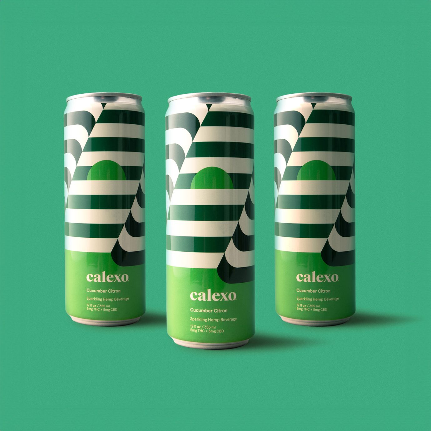 3 cucumber calexo hemp beverage cans on green backdrop