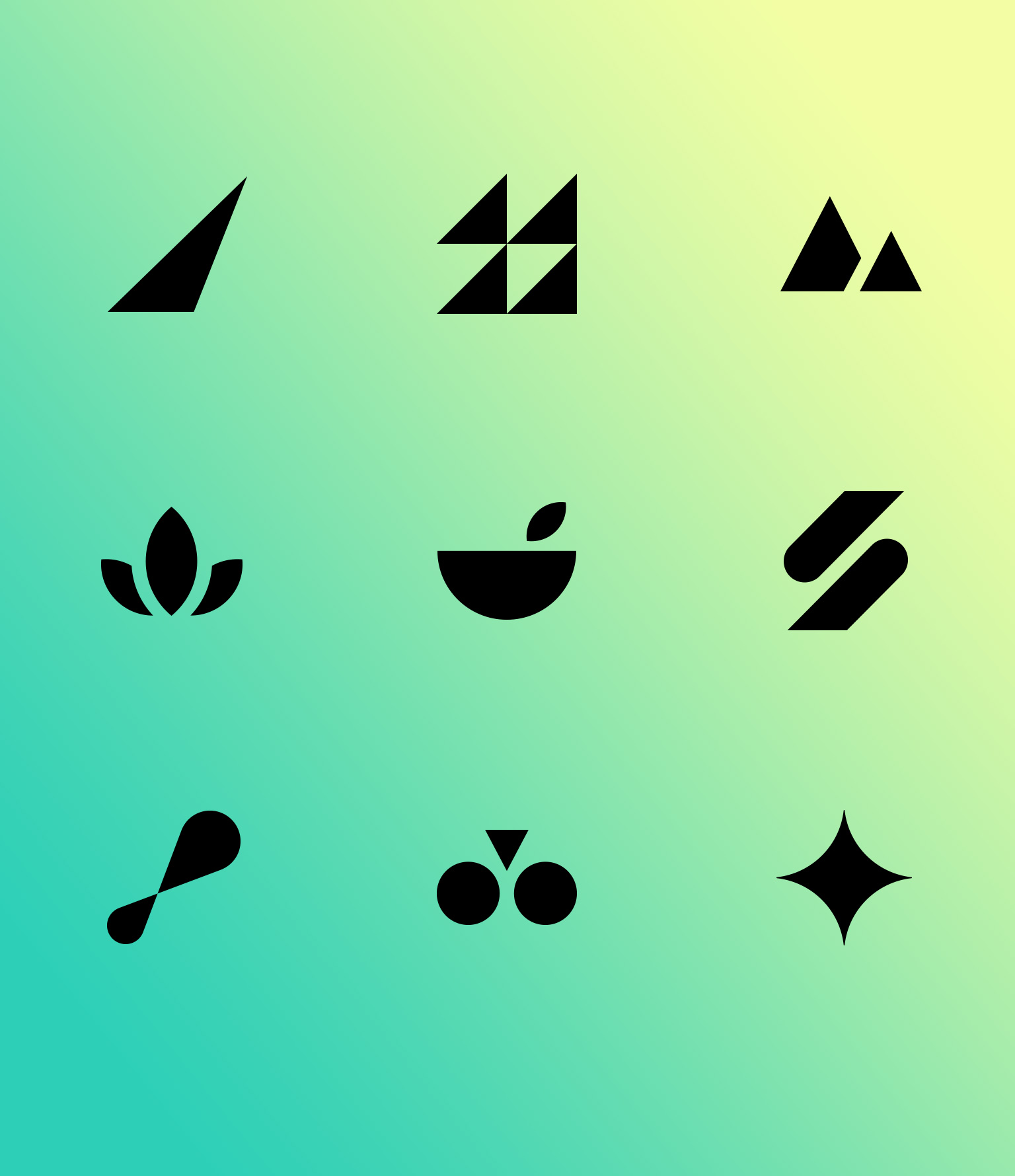12 abstract icons in black over yellow and aqua gradient photo of runner