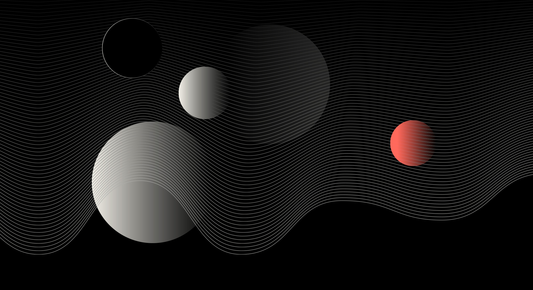 3 spheres in gray and red on a black background with wave design