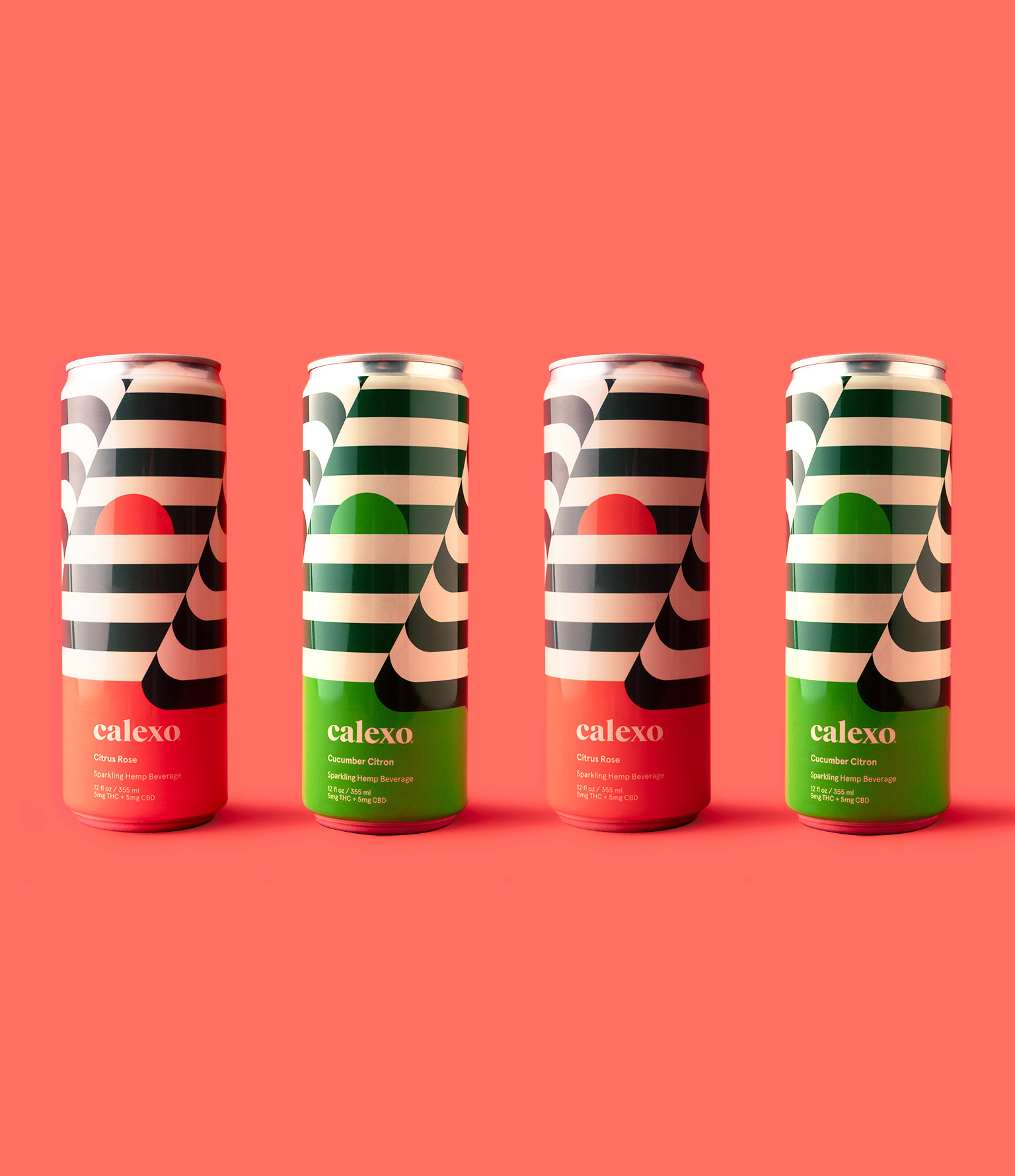 4 striped calexo hemp beverage cans on coral backdrop