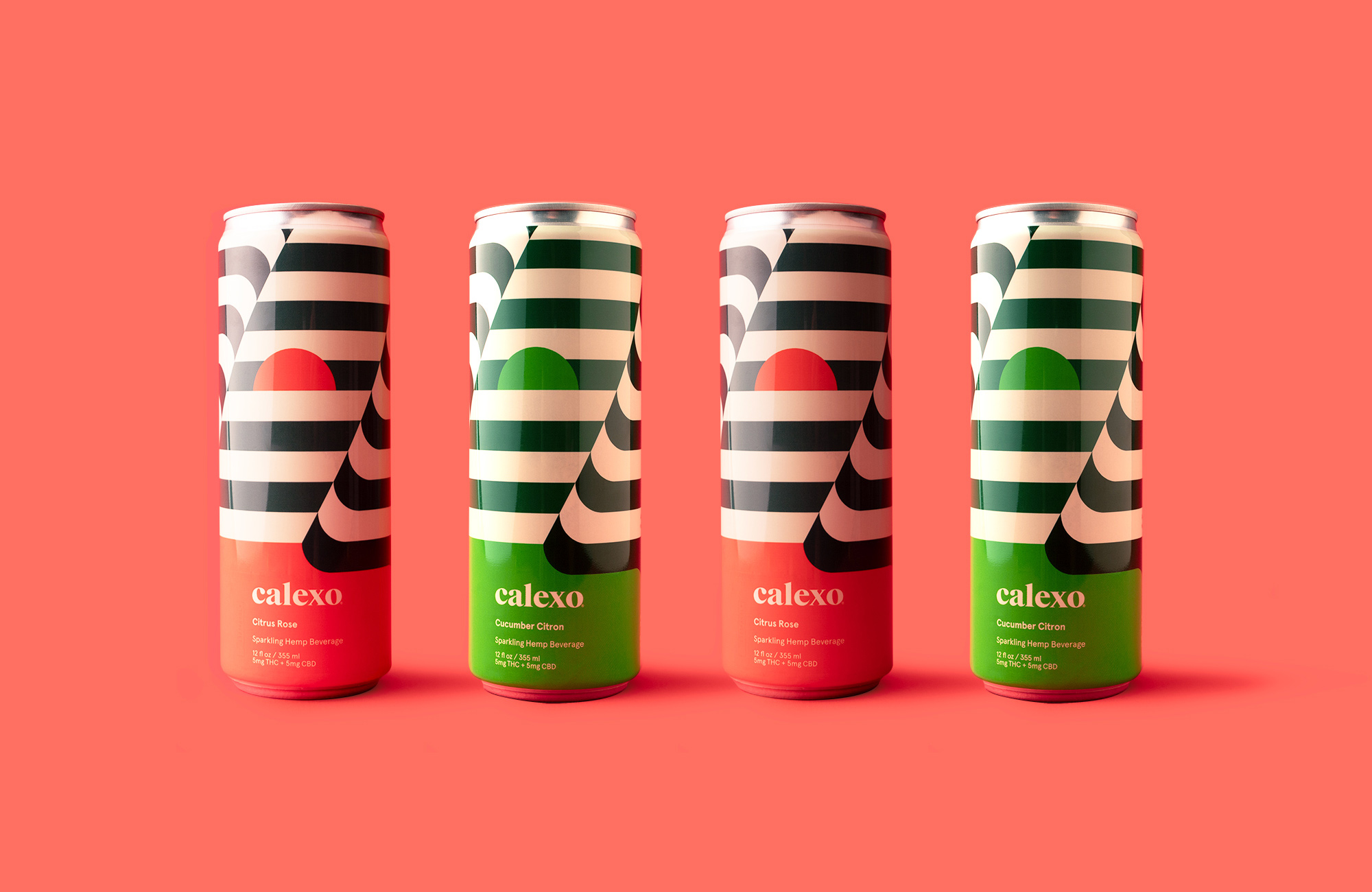 4 striped calexo hemp beverage cans on coral backdrop