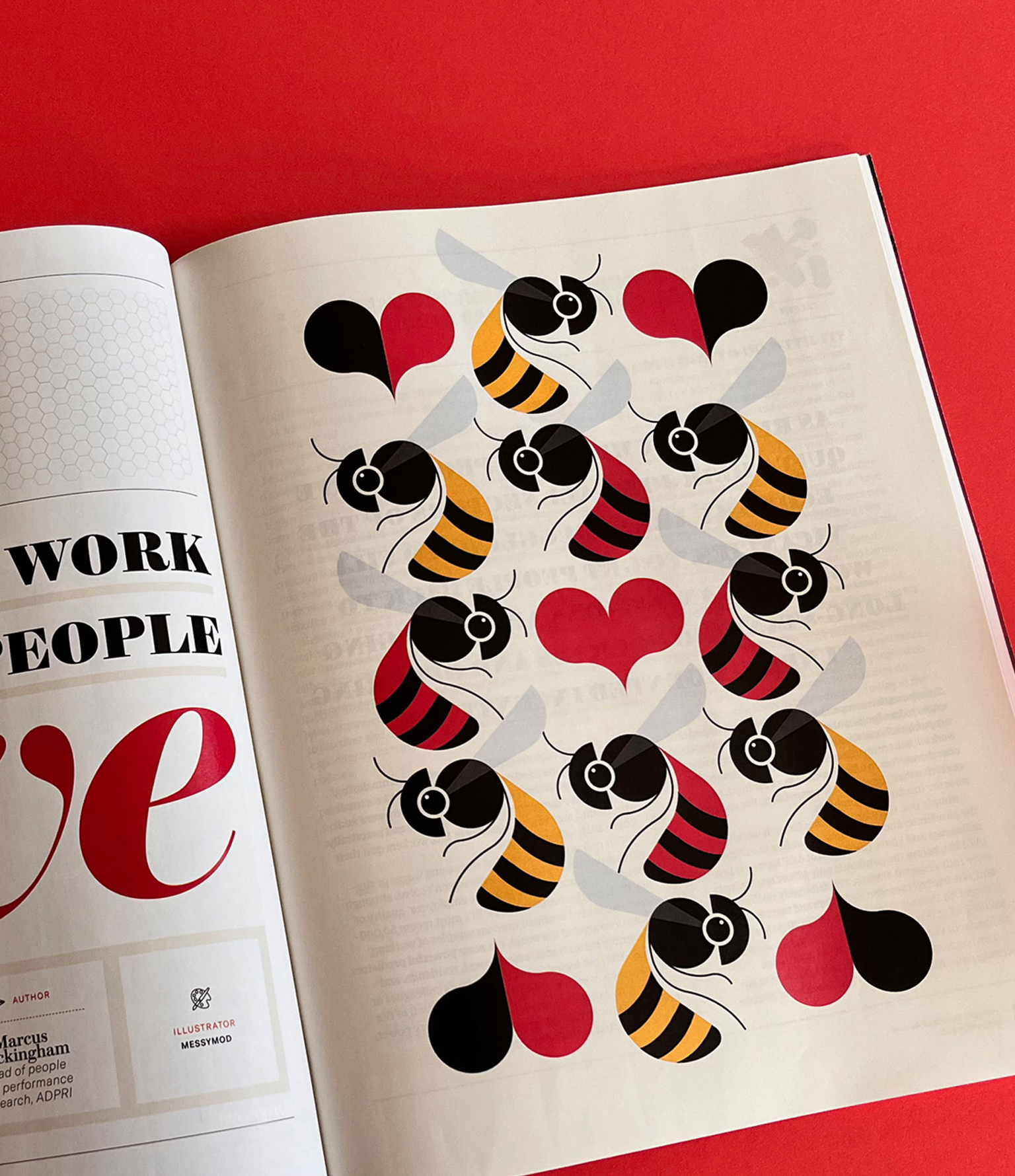 open spread of harvard business review wit bees illustration