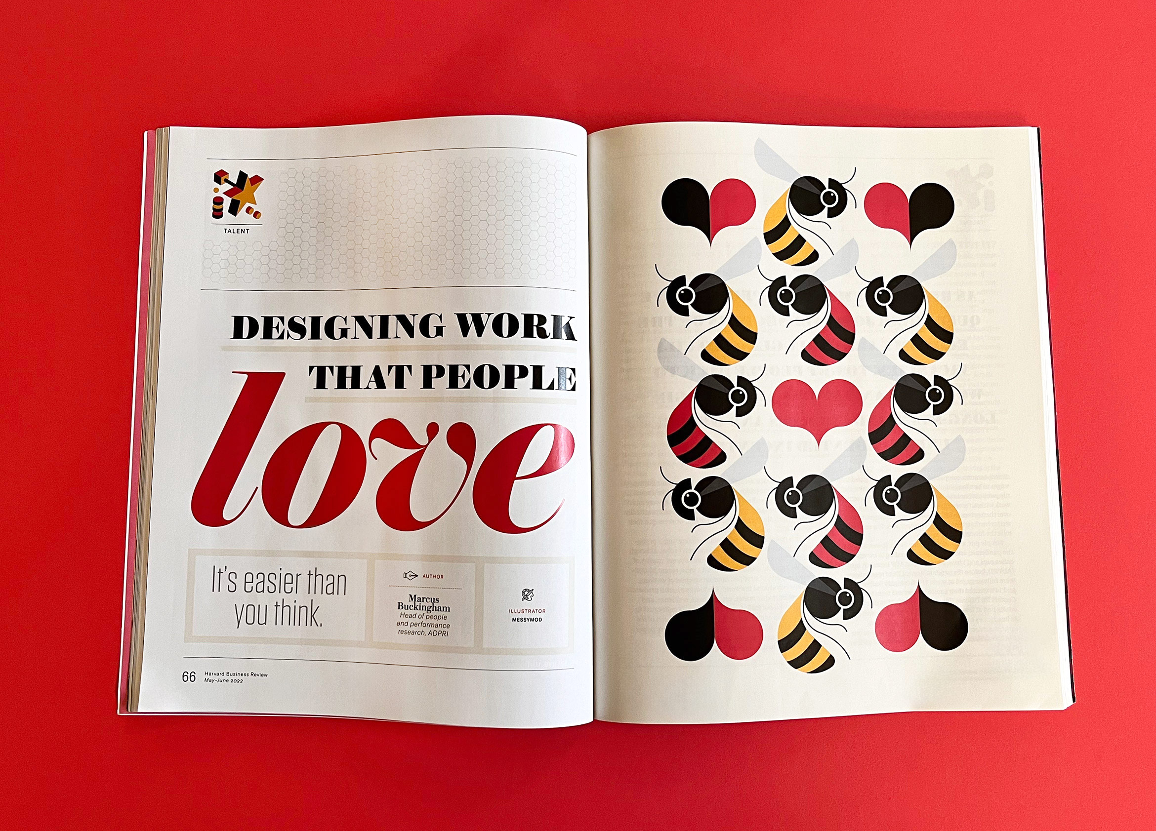open magazine spread with bees illustration, black, red, yellow and cream