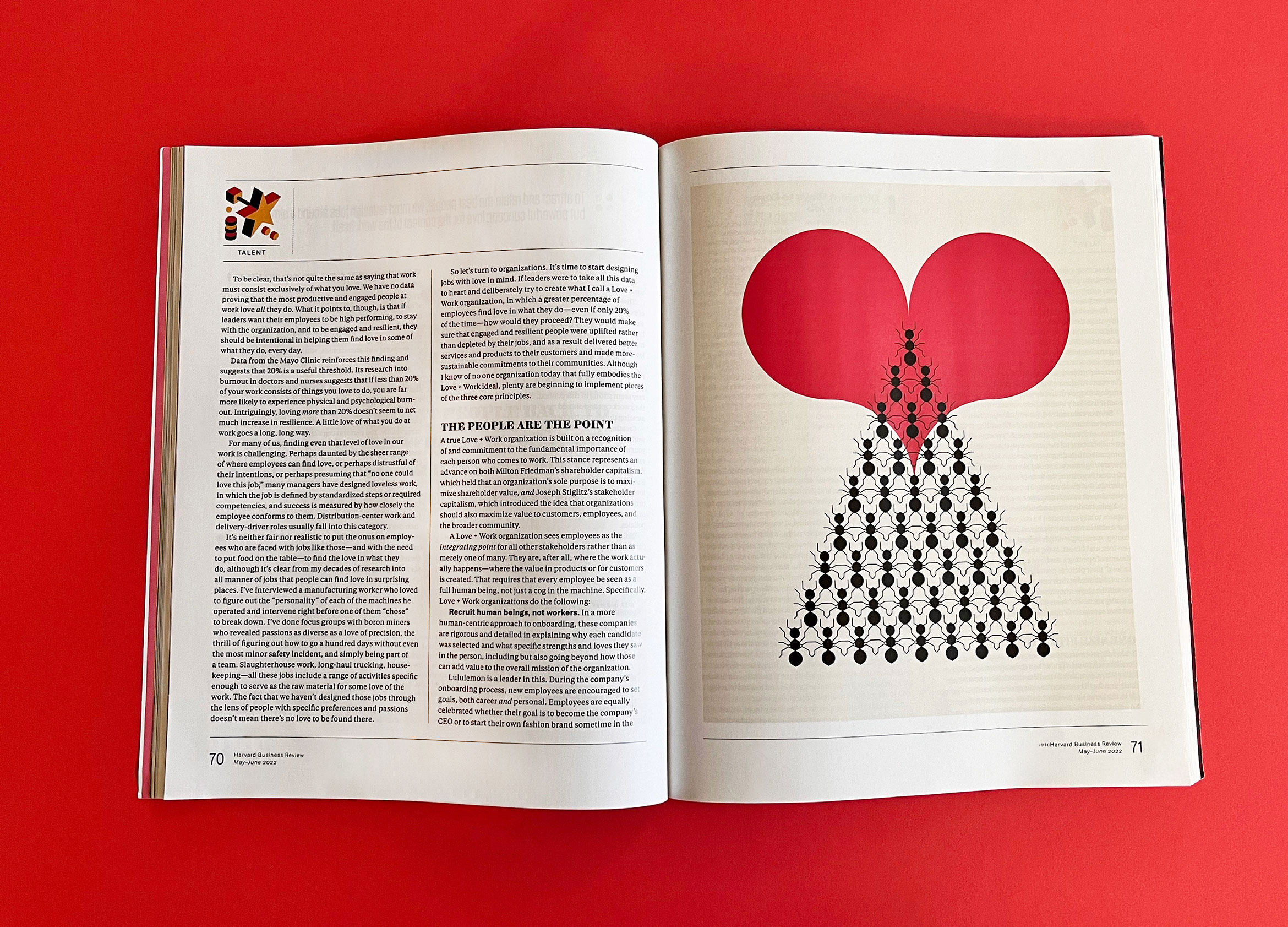 open magazine spread with ants and red heart illustration, black, red, yellow and cream