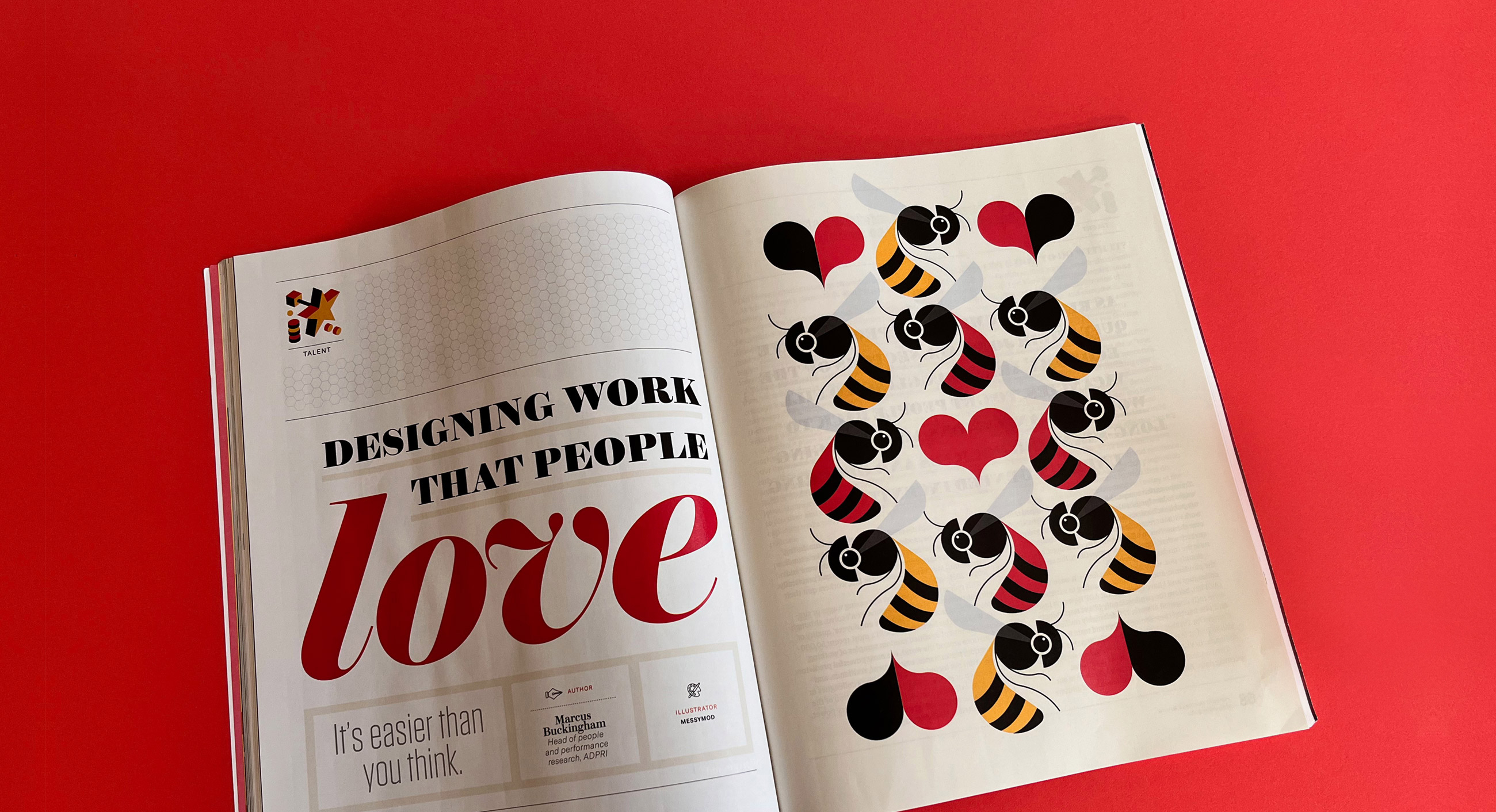 open spread of harvard business review wit bees illustration