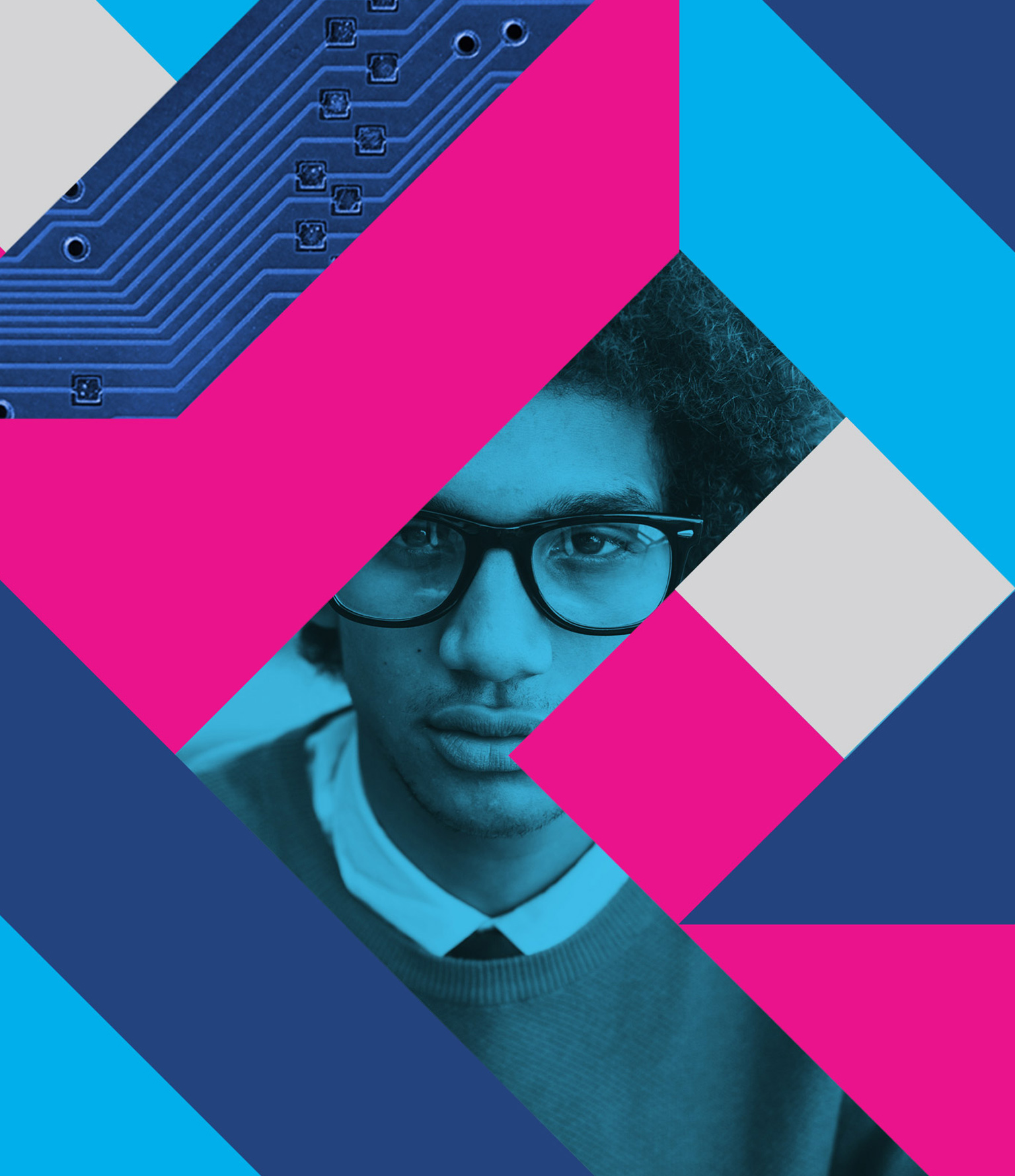 abstract digital design using angles and triangles in cyan, magenta, blue and gray with a photo of a black student inside the shapes