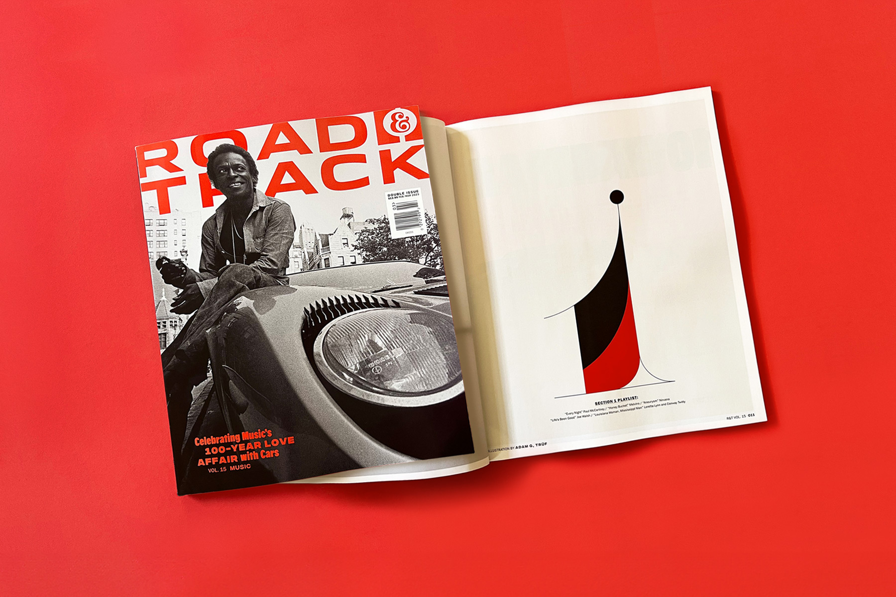 road & track music issue cover with miles davis and spread showing custom number 1 on red