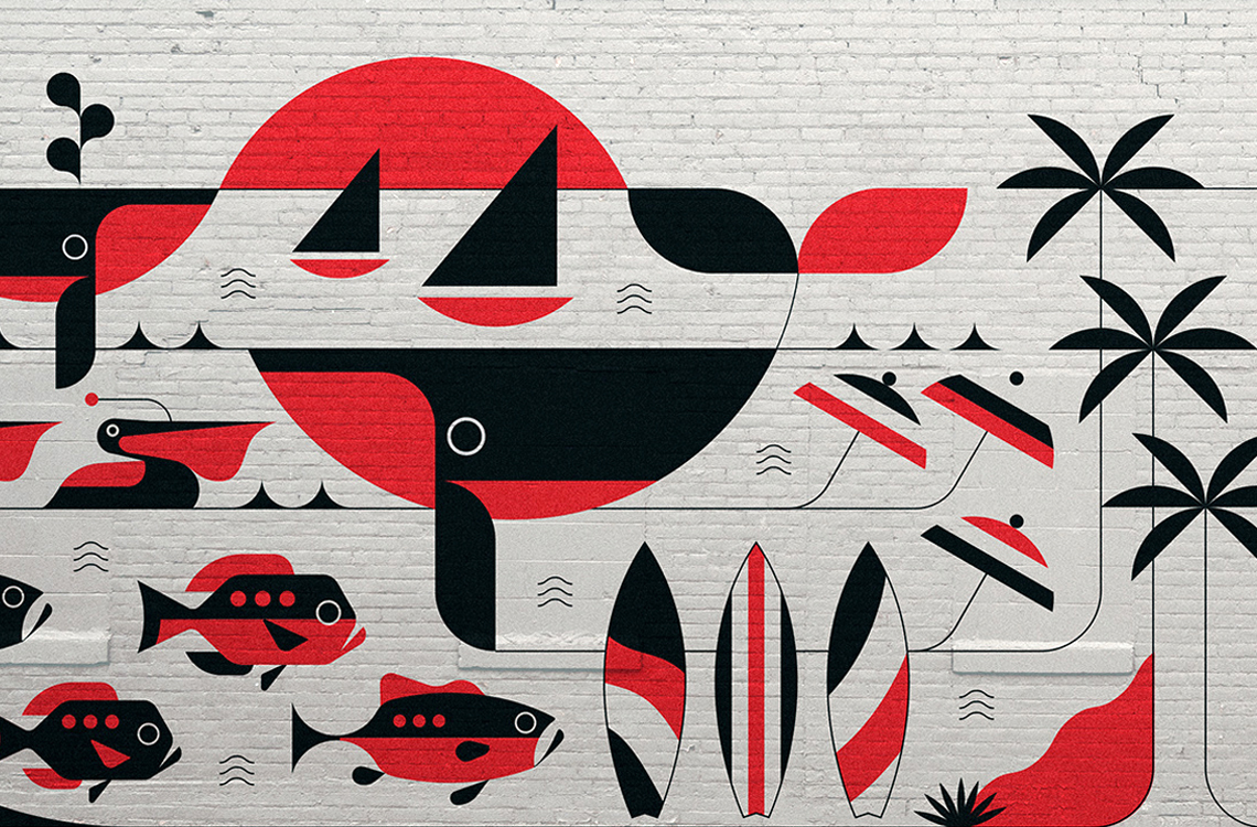 mural on white brick wall mock-up with whales, sailboats, fish, surfboards, beach umbrellas and palm trees in red and black