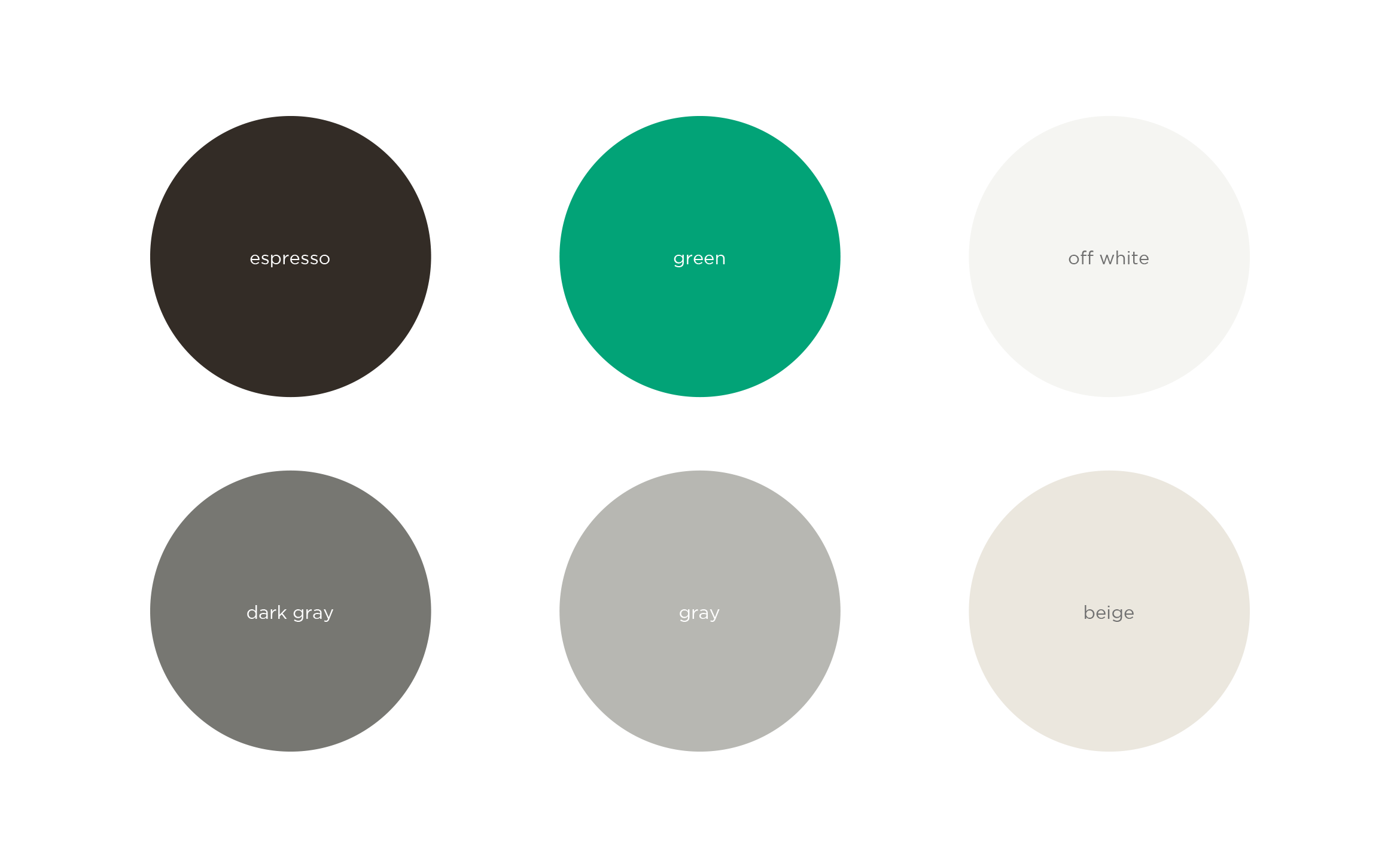 hughes estate sales brand color palette: espresso, green, grays, beige and off white
