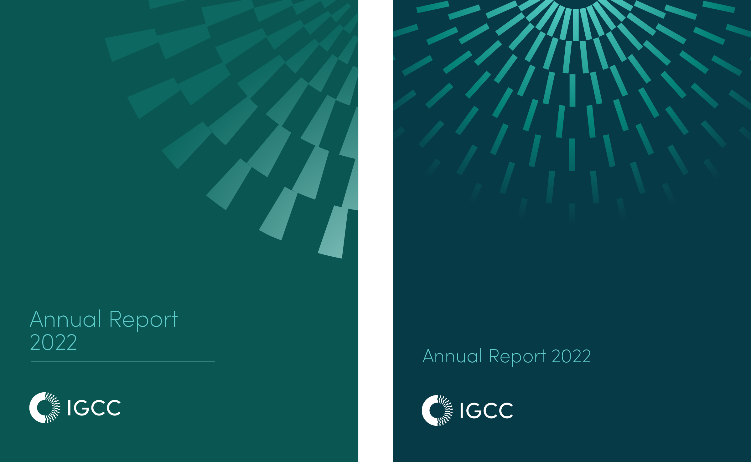 2 annual report cover designs using rays from logo as a graphic motif in greens and teals