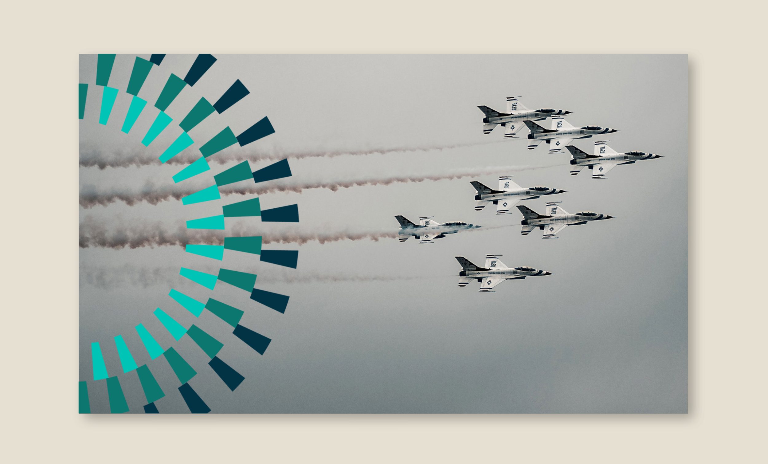 idea for an ad layout or a presentation cover with multi-color turquoise, green and teal mark as motif over a photo of fighter jets