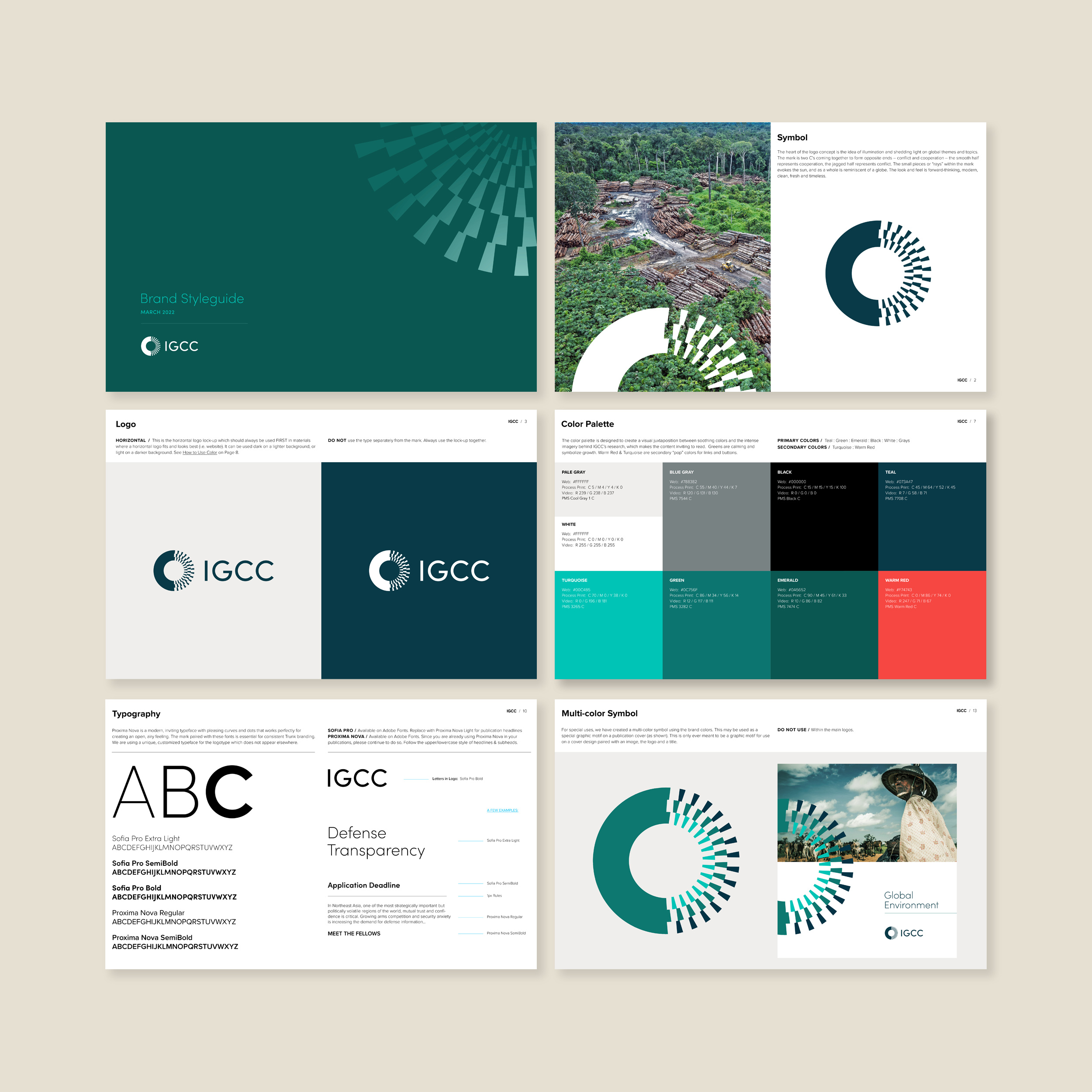 IGCC brand styleguide pages with rules for logo, colors, typography and motifs