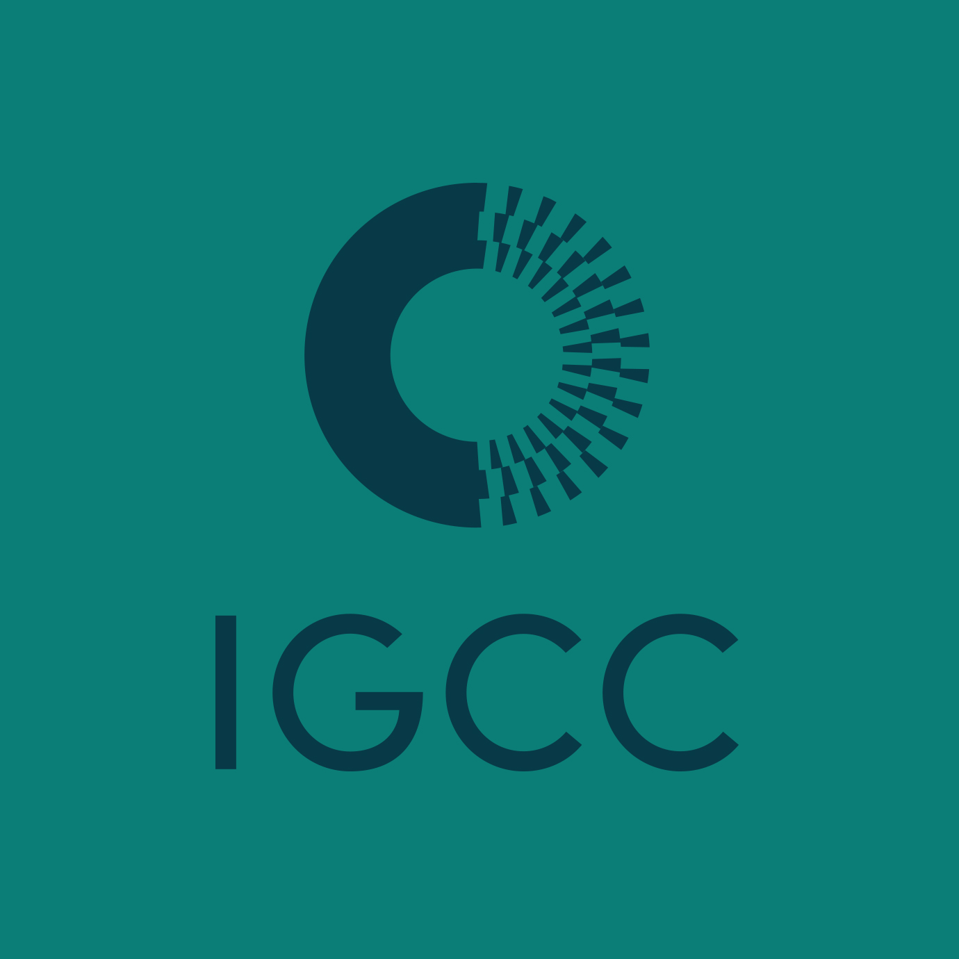 IGCC stacked logo, teal on green background