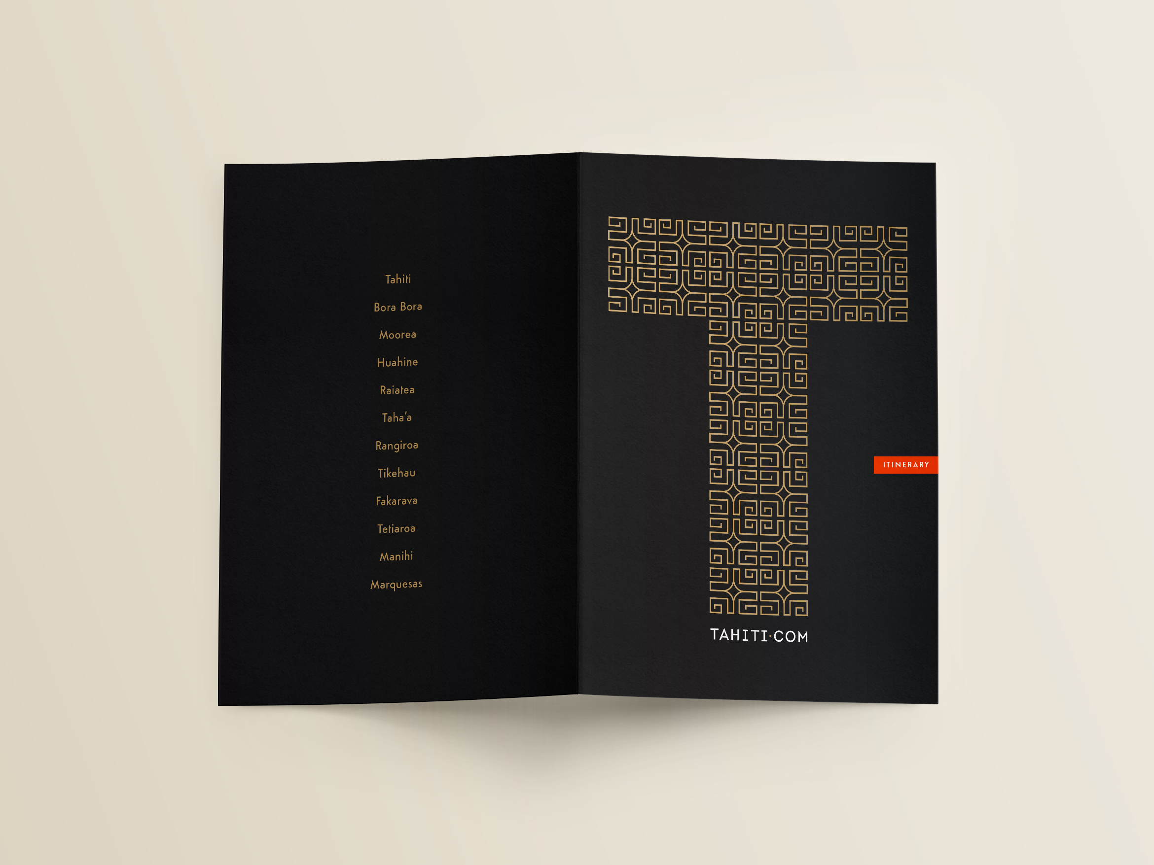 black brochure mockup showing front T design and back cover with list of polynesian islands
