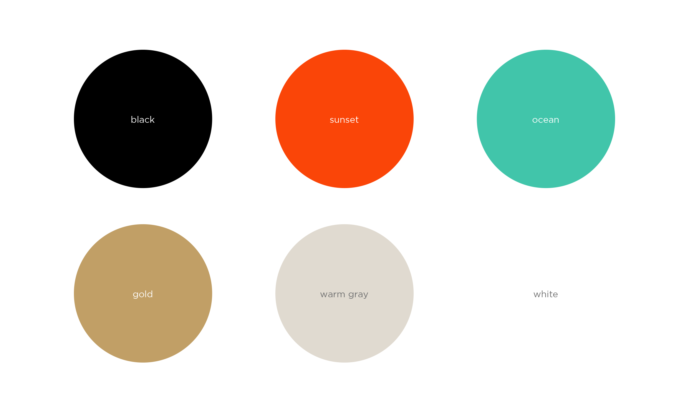 6 dots that show the brand color palette for tahiti.com: black, orange, turquoise, gold, gray and white