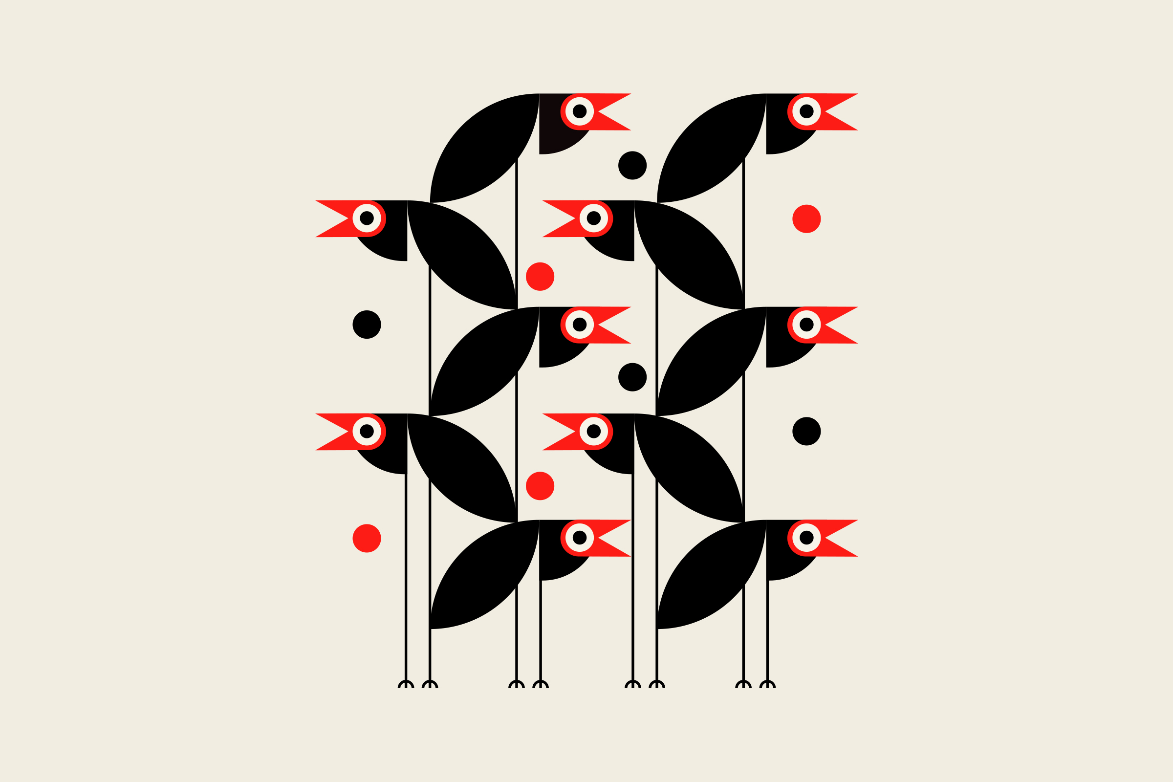 stylized black and red illustration of crows stacked along thin legs